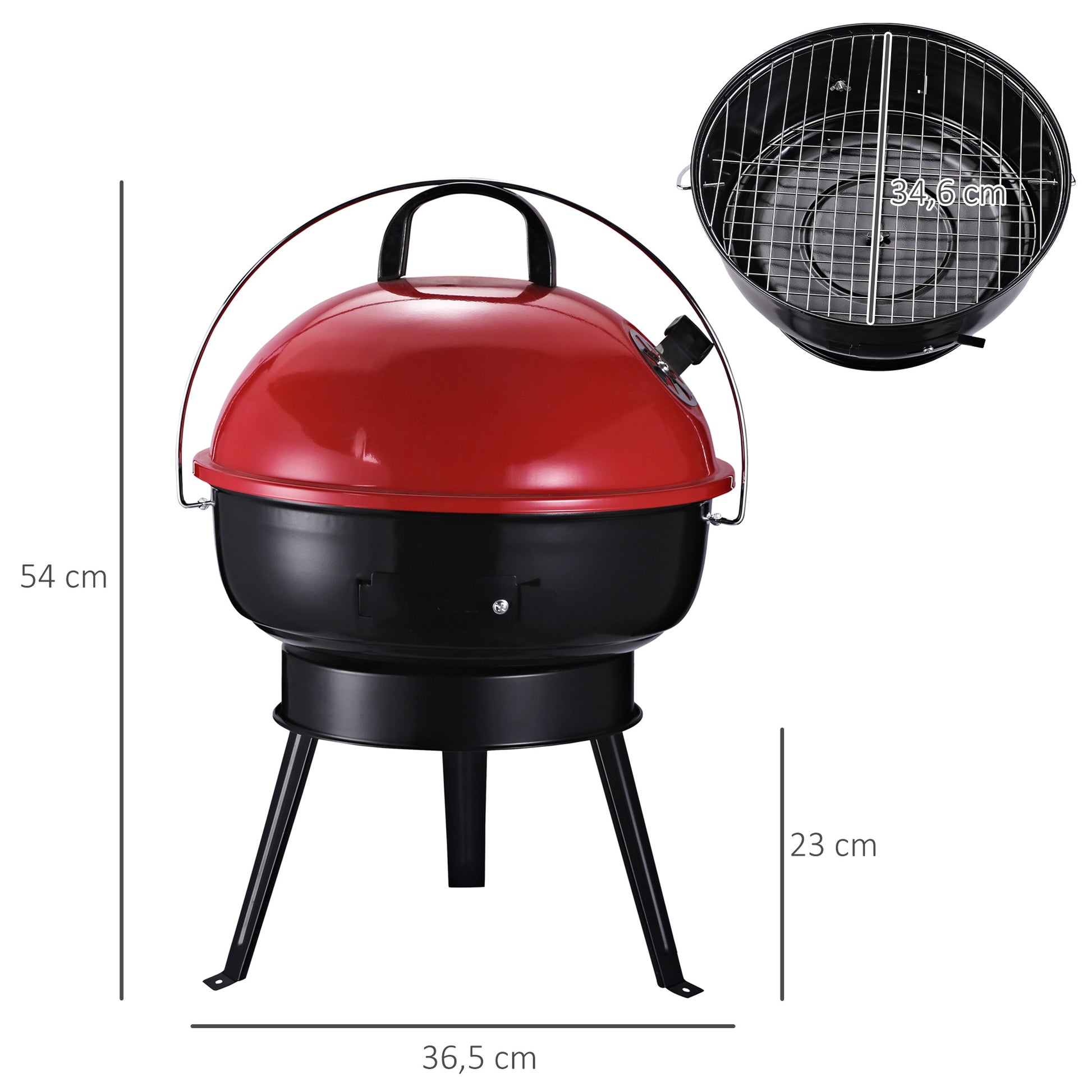 Outsunny Parrilla para Barbacoa de Carbón Portátil con Mango Ahumador Pequeño de Hierro Esmaltado con 3 Patas Antideslizantes Ф36.5x54cm