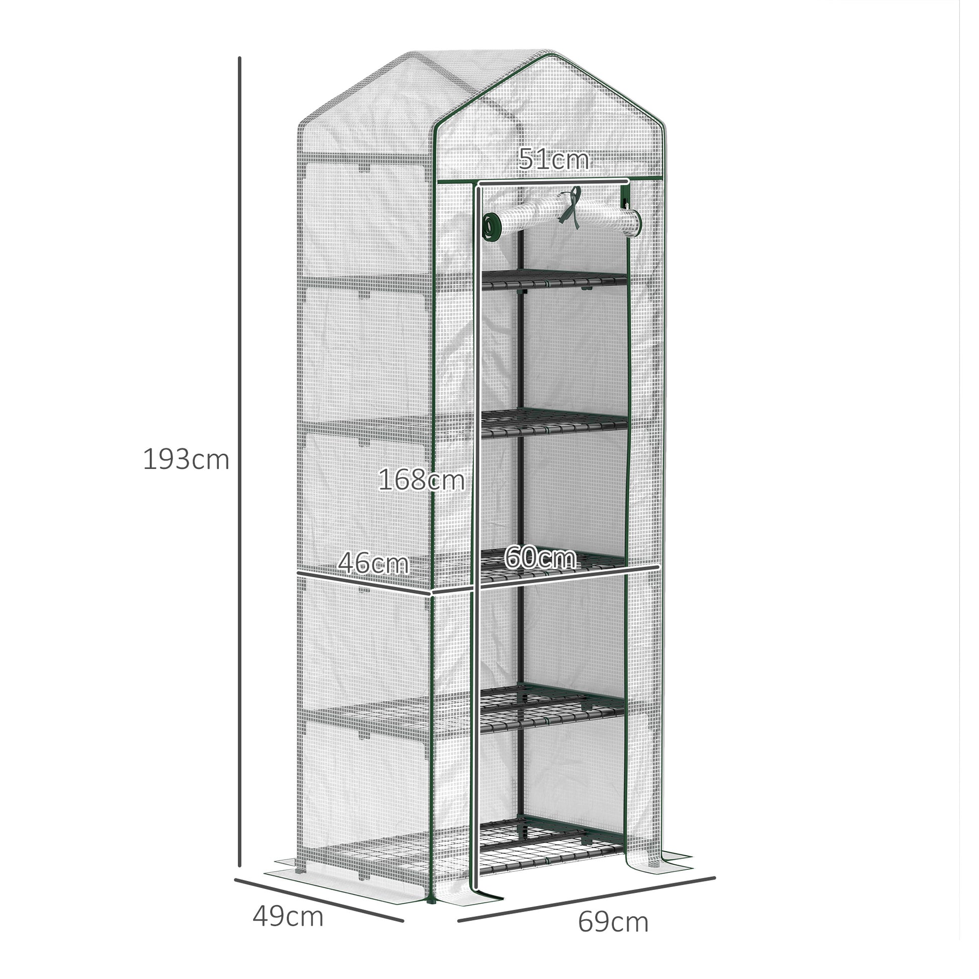 Outsunny Invernadero Pequeño Invernadero de Exterior con Estantes de 5 Niveles Puerta Enrollable con Cremallera y Marco de Acero Invernadero para Cultivar Plantas Flores 69x49x193 cm Transparente