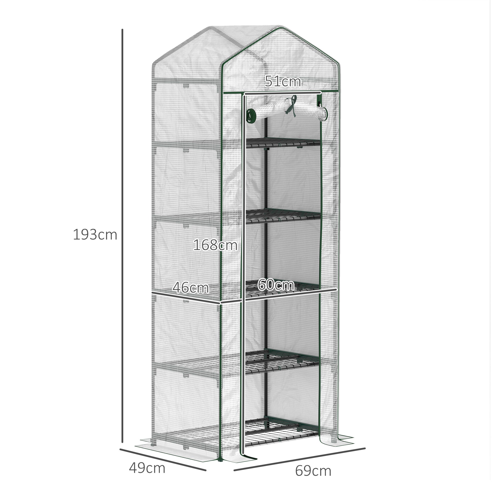 Outsunny Invernadero Pequeño Invernadero de Exterior con Estantes de 5 Niveles Puerta Enrollable con Cremallera y Marco de Acero Invernadero para Cultivar Plantas Flores 69x49x193 cm Transparente