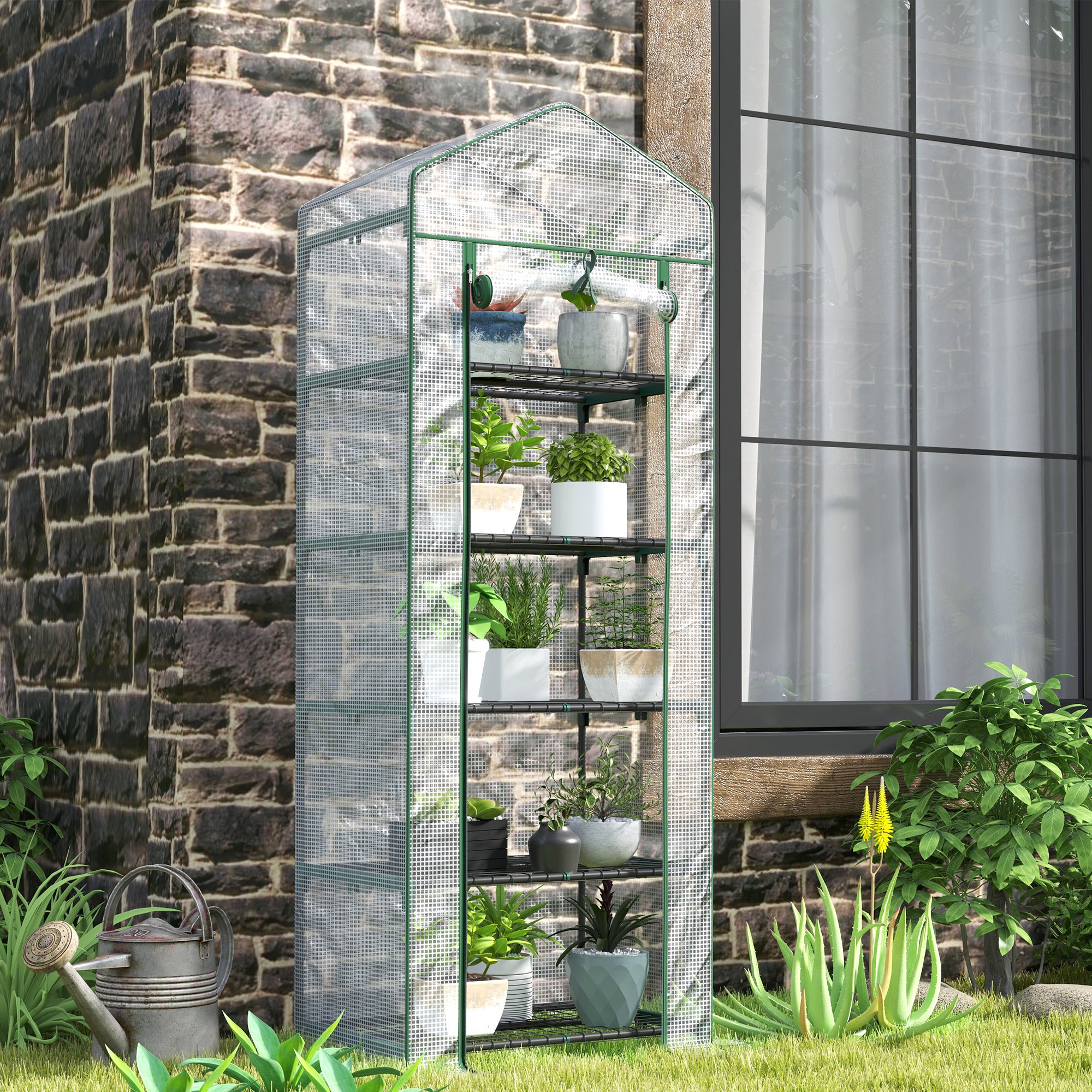 Outsunny Invernadero Pequeño Invernadero de Exterior con Estantes de 5 Niveles Puerta Enrollable con Cremallera y Marco de Acero Invernadero para Cultivar Plantas Flores 69x49x193 cm Transparente