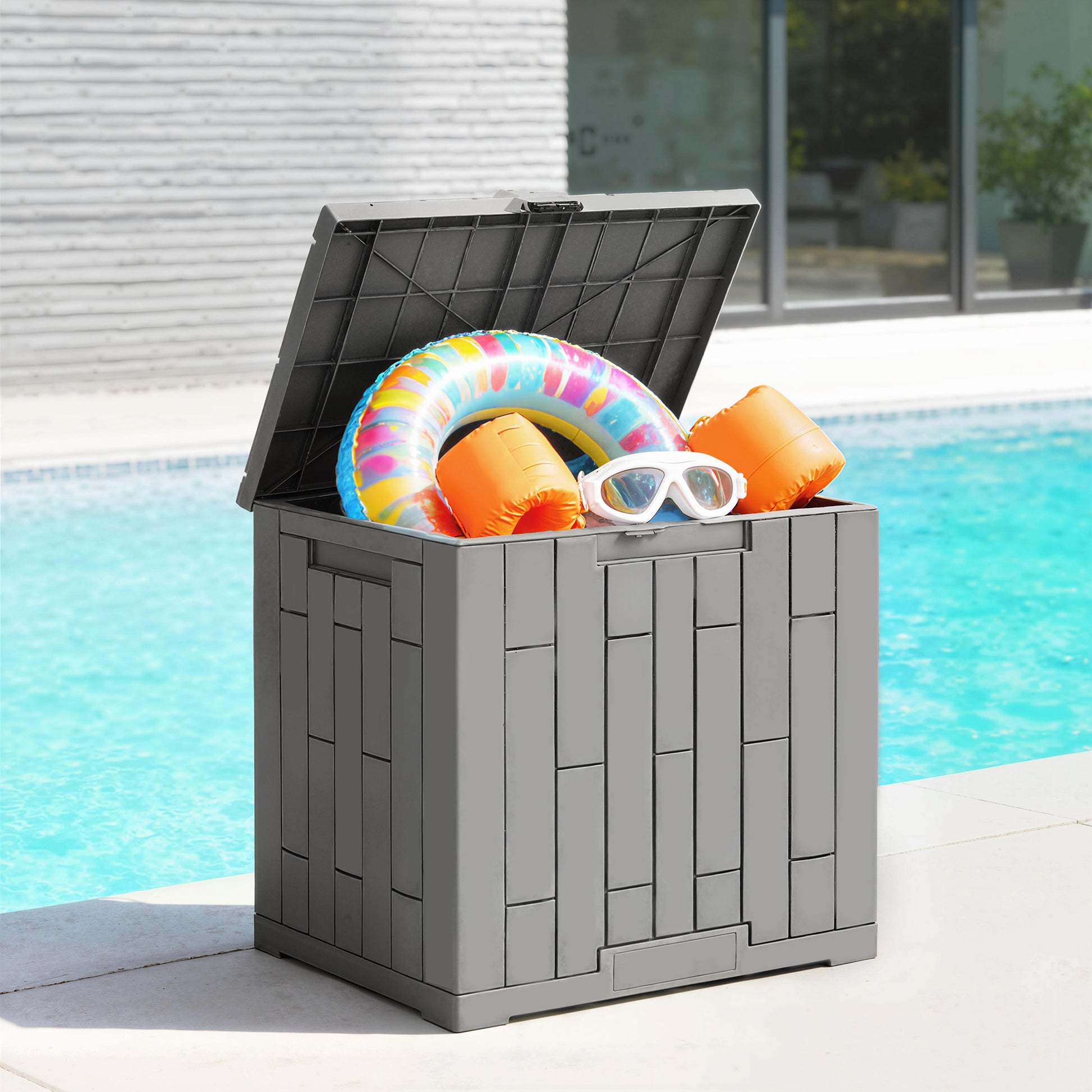 Outsunny Arcón Exterior Capacidad 114L, Baúl de Almacenaje Exterior de Resina Resistente al Agua y a los Rayos UV, con Cerradura para Jardín, Terraza, Patio, 56x44x54 cm, Gris