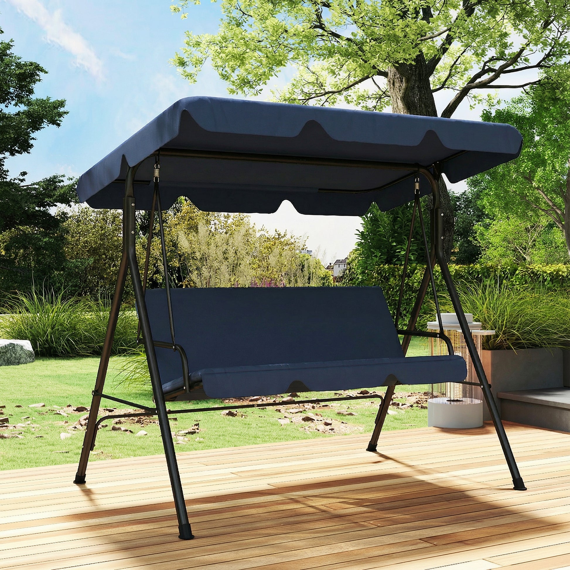 Outsunny Columpio de Jardín Exterior de 3 Plazas, Balancín de Jardín Exterior con Techo Ajustable, Cojín y Marco de Acero, para Balcón, Terraza, Patio, Carga 240 kg, 172x118x153 cm, Azul Marino