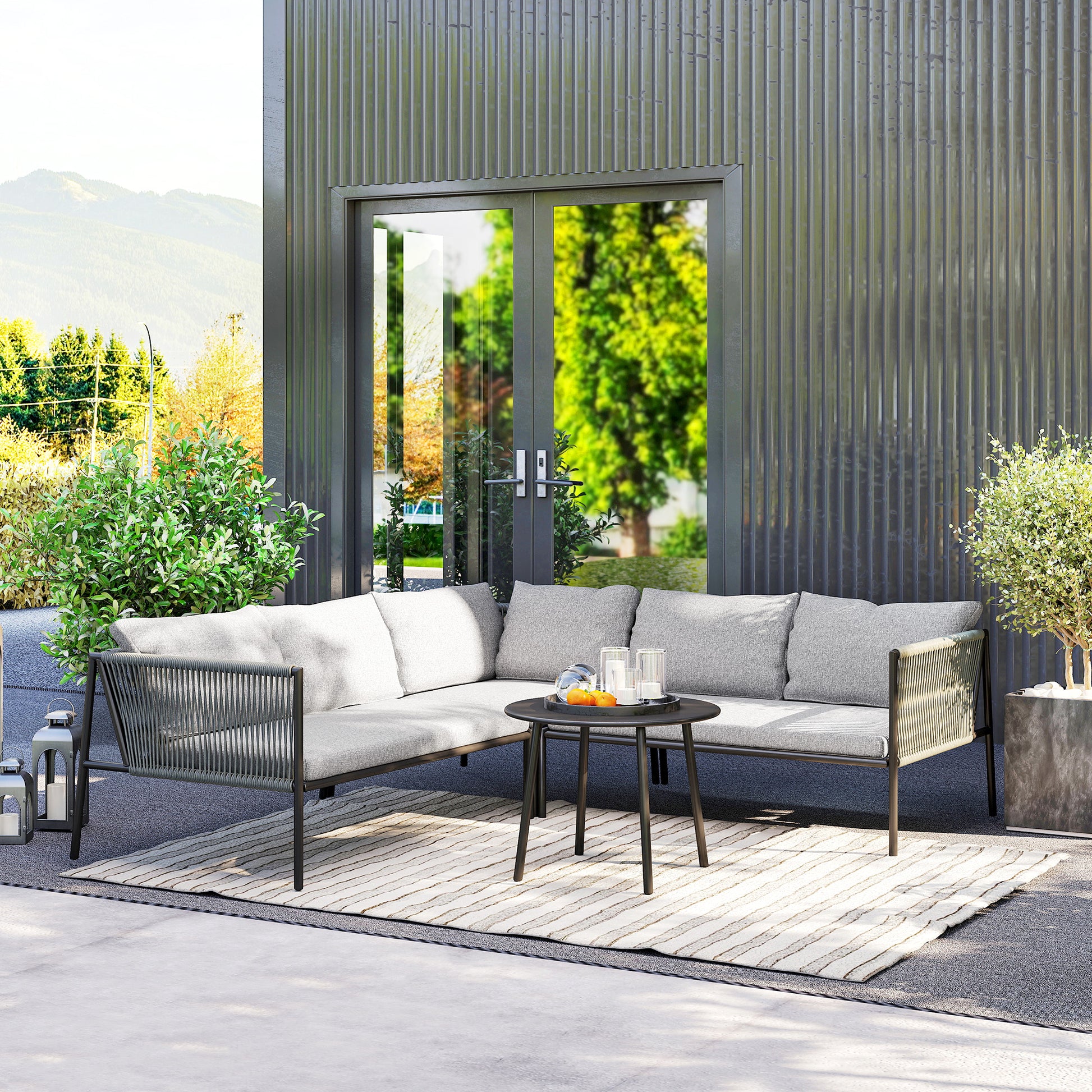 Outsunny Conjunto Jardín Exterior de Ratán con Cojines Conjunto Terraza Resistente a la Intemperie Muebles Jardín Exterior con 2 Sofás de 2 Plazas Sofá Esquina Mesa Redonda Gris Oscuro