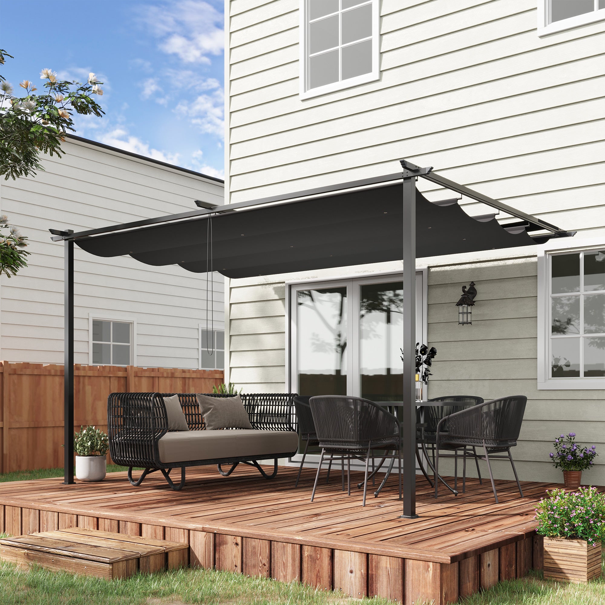 Outsunny Pérgola de Pared de Jardín 4x3 m Gazebo Exterior Cenador con Techo Retráctil Tela de Poliéster y Marco de Acero para Patio Terraza Balcón Gris Oscuro