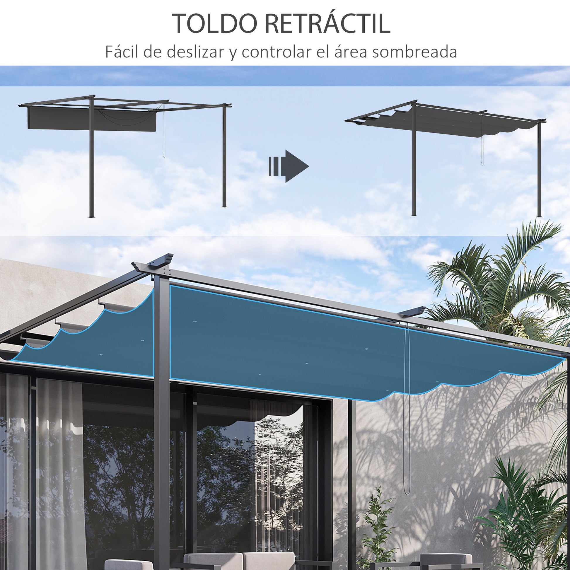 Outsunny Pérgola de Pared de Jardín 4x3 m Gazebo Exterior Cenador con Techo Retráctil Tela de Poliéster y Marco de Acero para Patio Terraza Balcón Gris Oscuro