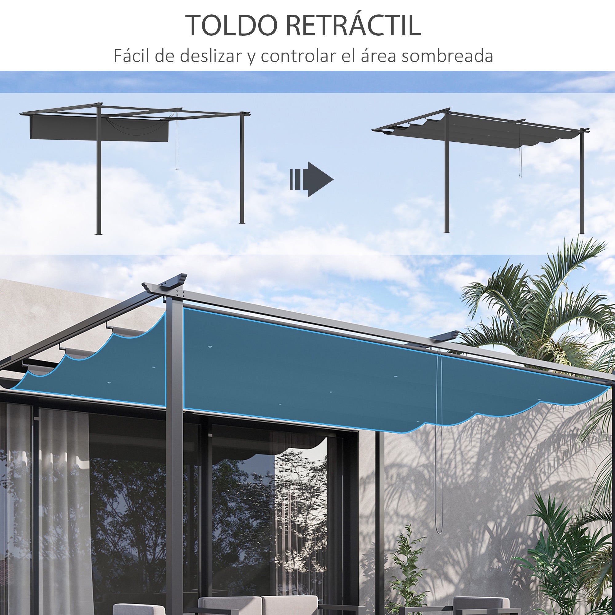 Outsunny Pérgola de Pared de Jardín 4x3 m Gazebo Exterior Cenador con Techo Retráctil Tela de Poliéster y Marco de Acero para Patio Terraza Balcón Gris Oscuro