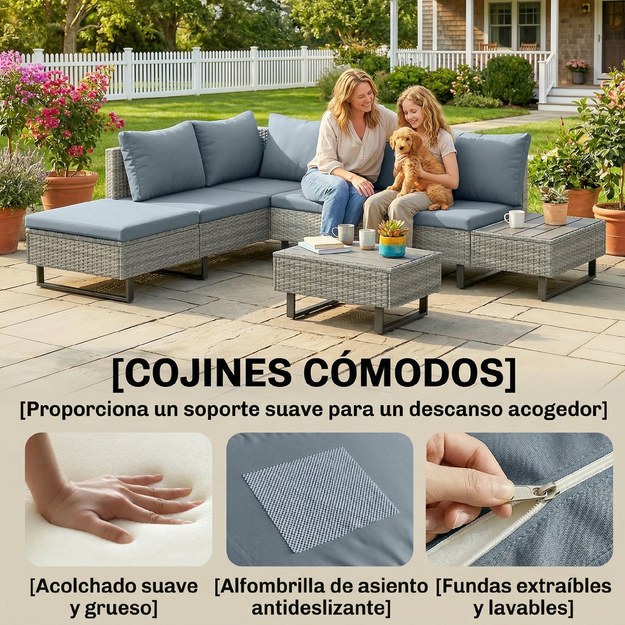 Outsunny Conjunto de Jardín de Ratán de 3 Piezas, Respaldo Ajustable, Conjunto Terraza, Muebles Jardín Exterior Incluye Cojines, Sofá de 3 Plazas, Sofá de 2 Plazas, Mesa de Madera Plástico, Gris