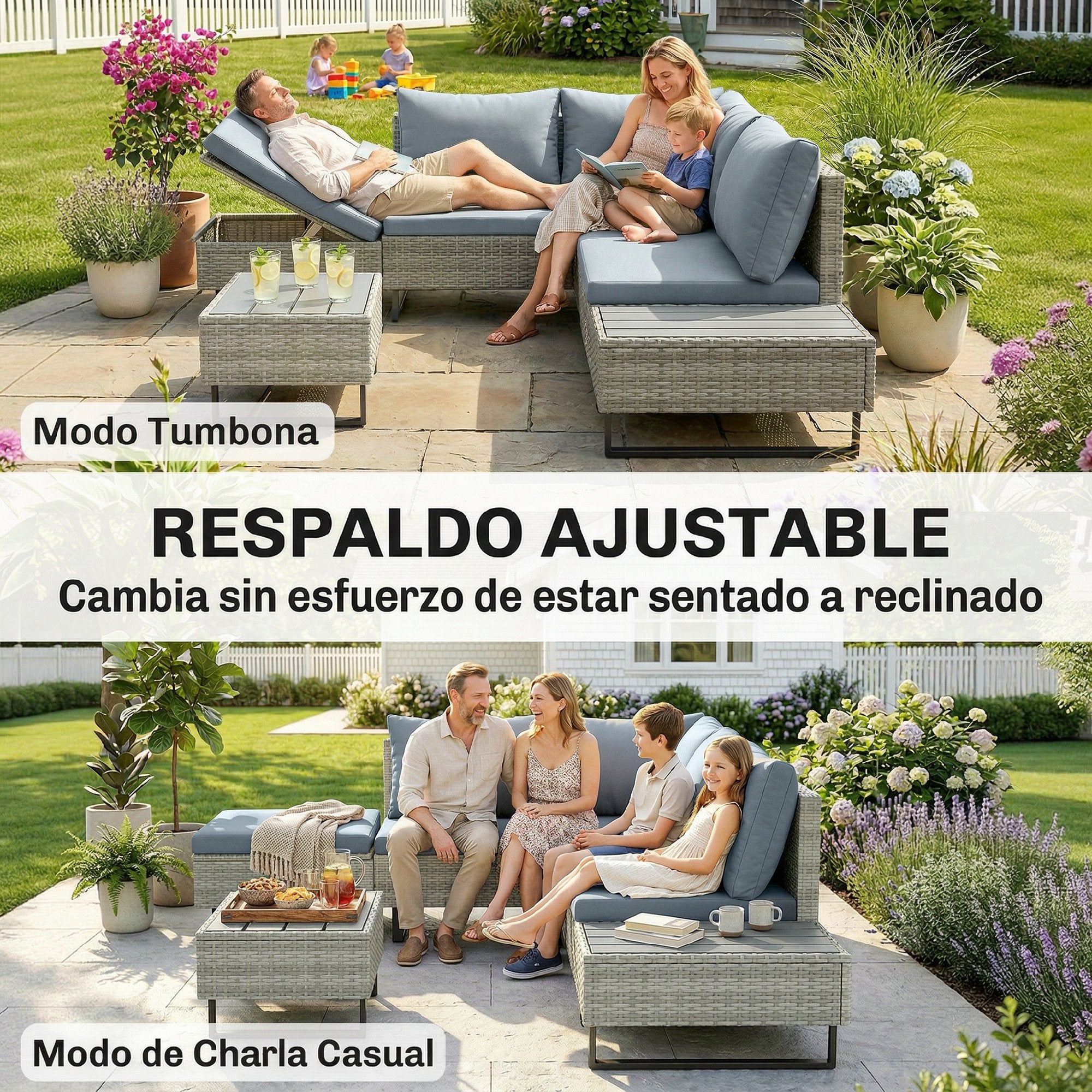 Outsunny Conjunto de Jardín de Ratán de 3 Piezas, Respaldo Ajustable, Conjunto Terraza, Muebles Jardín Exterior Incluye Cojines, Sofá de 3 Plazas, Sofá de 2 Plazas, Mesa de Madera Plástico, Gris