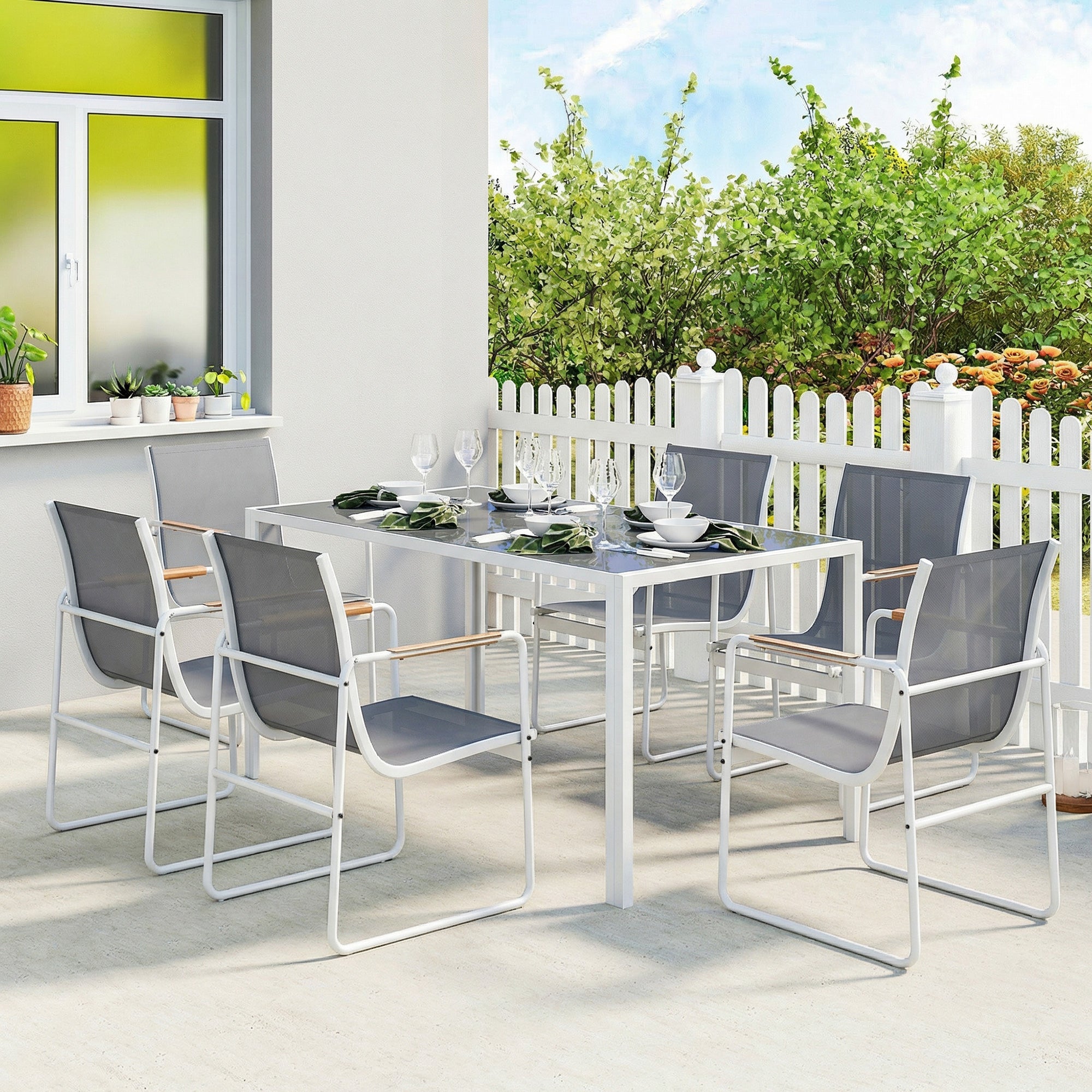 Outsunny Conjunto de Mesa y Sillas Jardín de 7 Piezas, Muebles Jardín Exterior con Mesa de Vidrio Templado, 6 Sillas Transpirables Decorativas, Marco de Acero Resistente a la Intemperie, Blanco y Gris