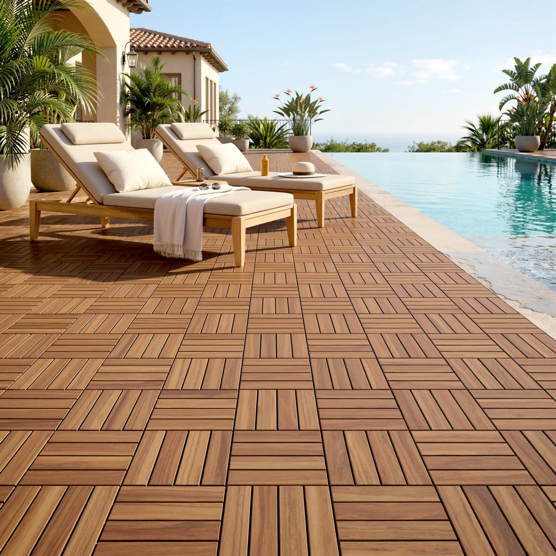 Outsunny Set de 10 Piezas Baldosas de Exterior de Madera de Acacia, 31x31 cm, 0,91 m², Suelo de Terraza Exterior, Antideslizantes y Resistentes al Clima, Fácil Instalación, para Terraza, Marrón Oscuro