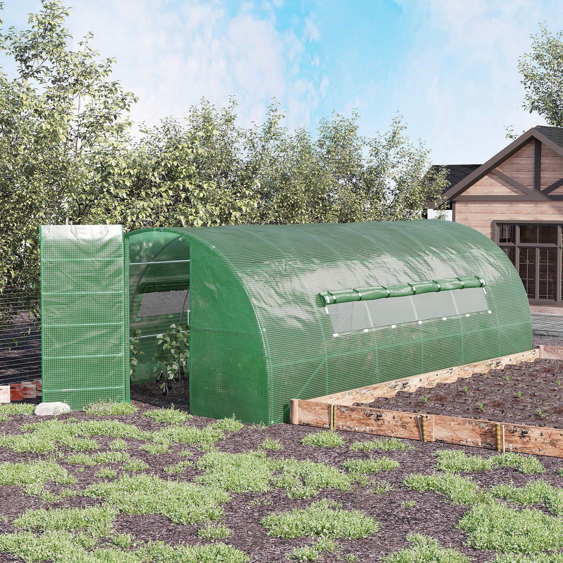 Outsunny Invernadero de Túnel 6x3x2 m con Puerta y Ventanas Función de Drenaje Invernadero de Jardín Grande con Cubierta de PE 130 g/㎡ y Metal Galvanizado para Cultivos Plantas Verduras Verde