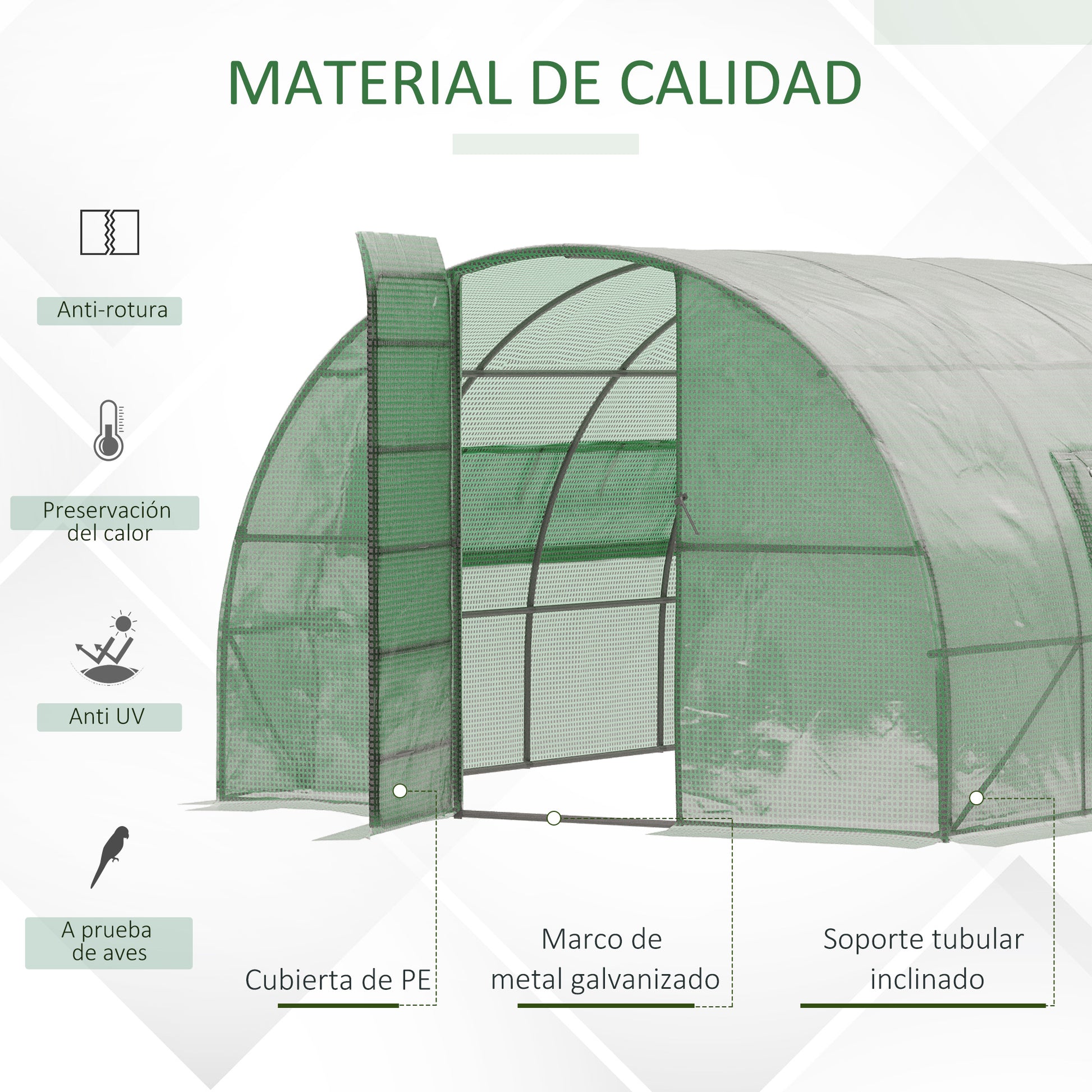 Outsunny Invernadero de Túnel 6x3x2 m con Puerta y Ventanas Función de Drenaje Invernadero de Jardín Grande con Cubierta de PE 130 g/㎡ y Metal Galvanizado para Cultivos Plantas Verduras Verde
