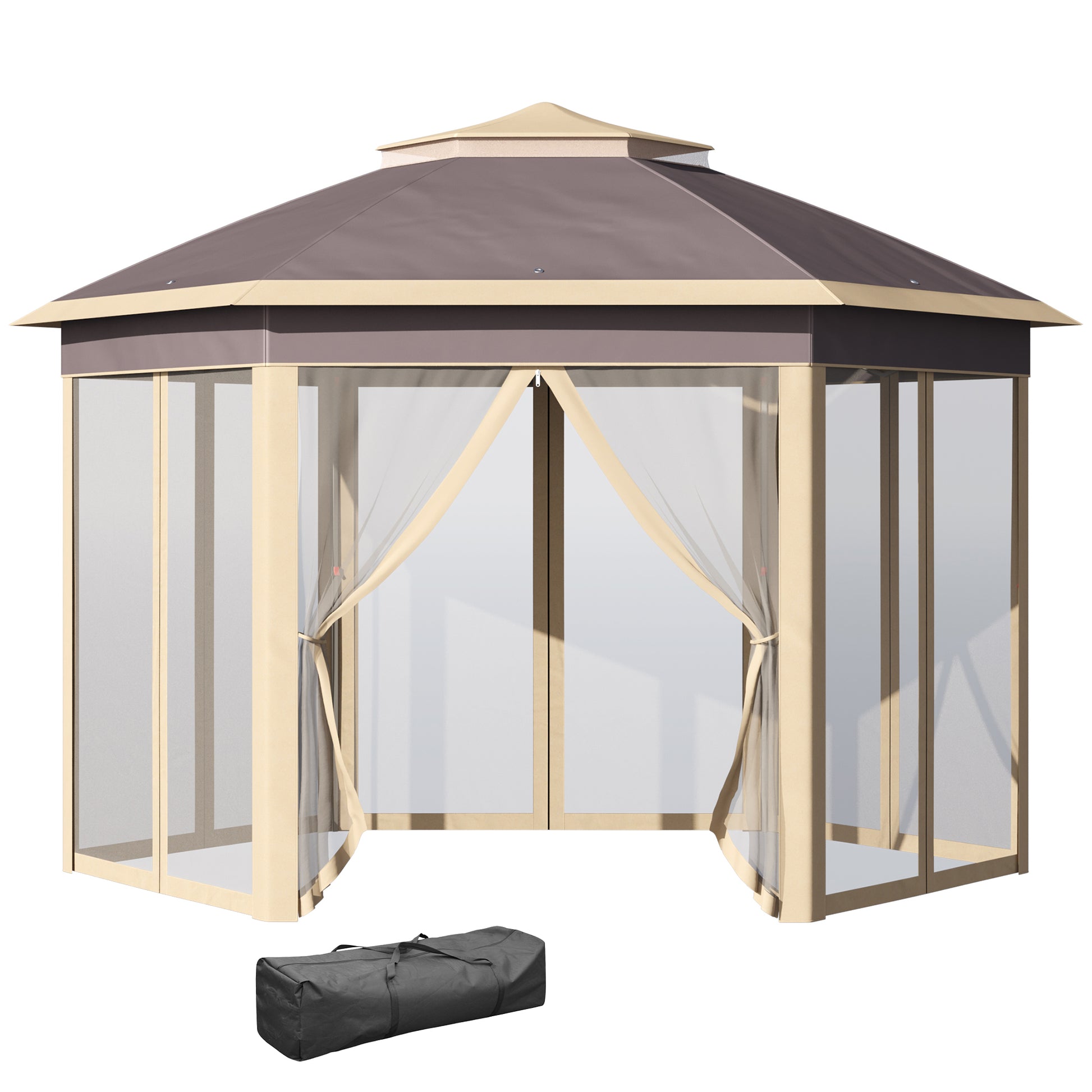 Outsunny Carpa Plegable 4x3,4x2,85 m Cenador de Jardín Hexagonal con Doble Techo 6 Mosquiteras Desmontables Bolsa de Transporte Altura Ajustable en 3 Niveles y Anti-UV Gazebo para Fiesta Patio Beige