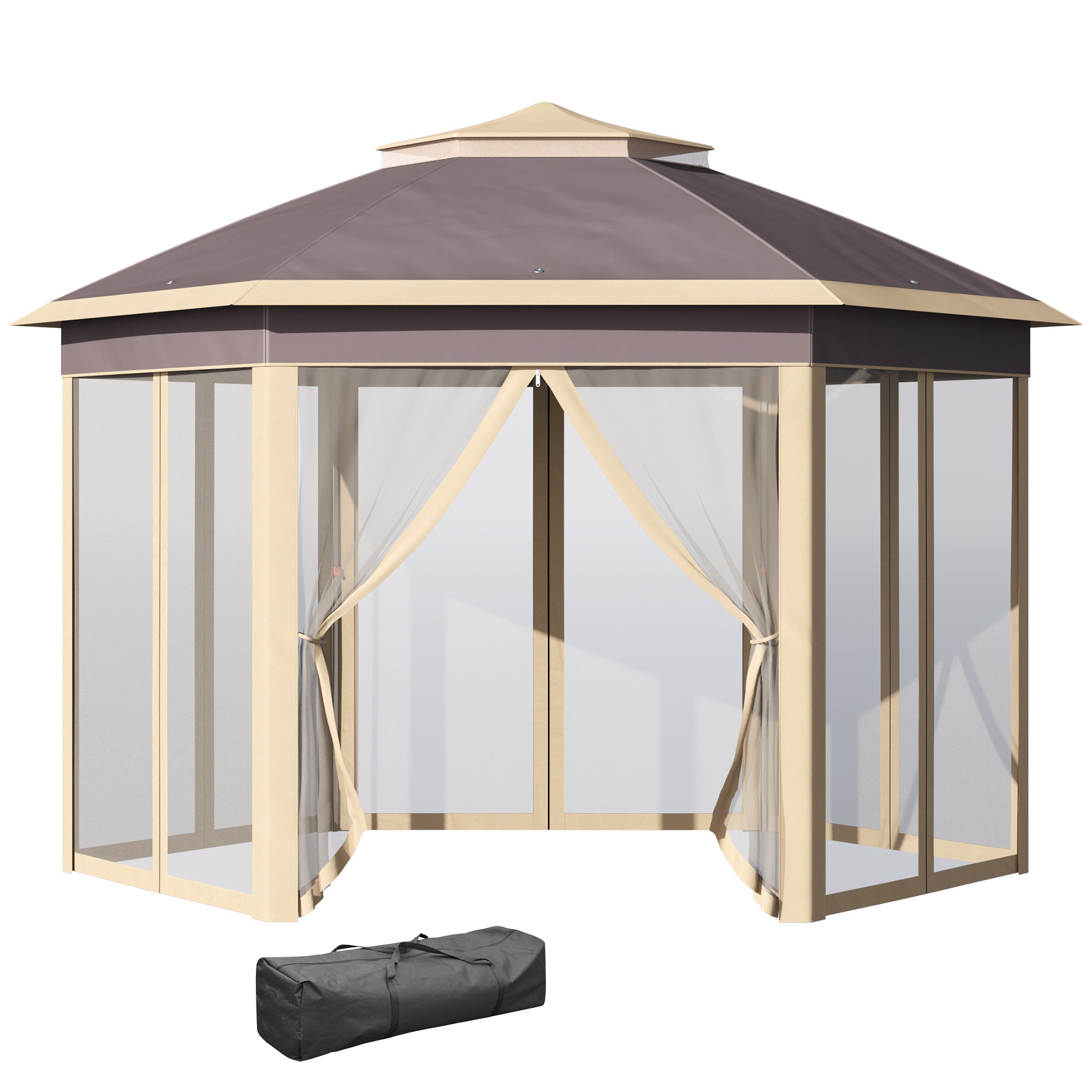 Outsunny Carpa Plegable 4x3,4x2,85 m Cenador de Jardín Hexagonal con Doble Techo 6 Mosquiteras Desmontables Bolsa de Transporte Altura Ajustable en 3 Niveles y Anti-UV Gazebo para Fiesta Patio Beige