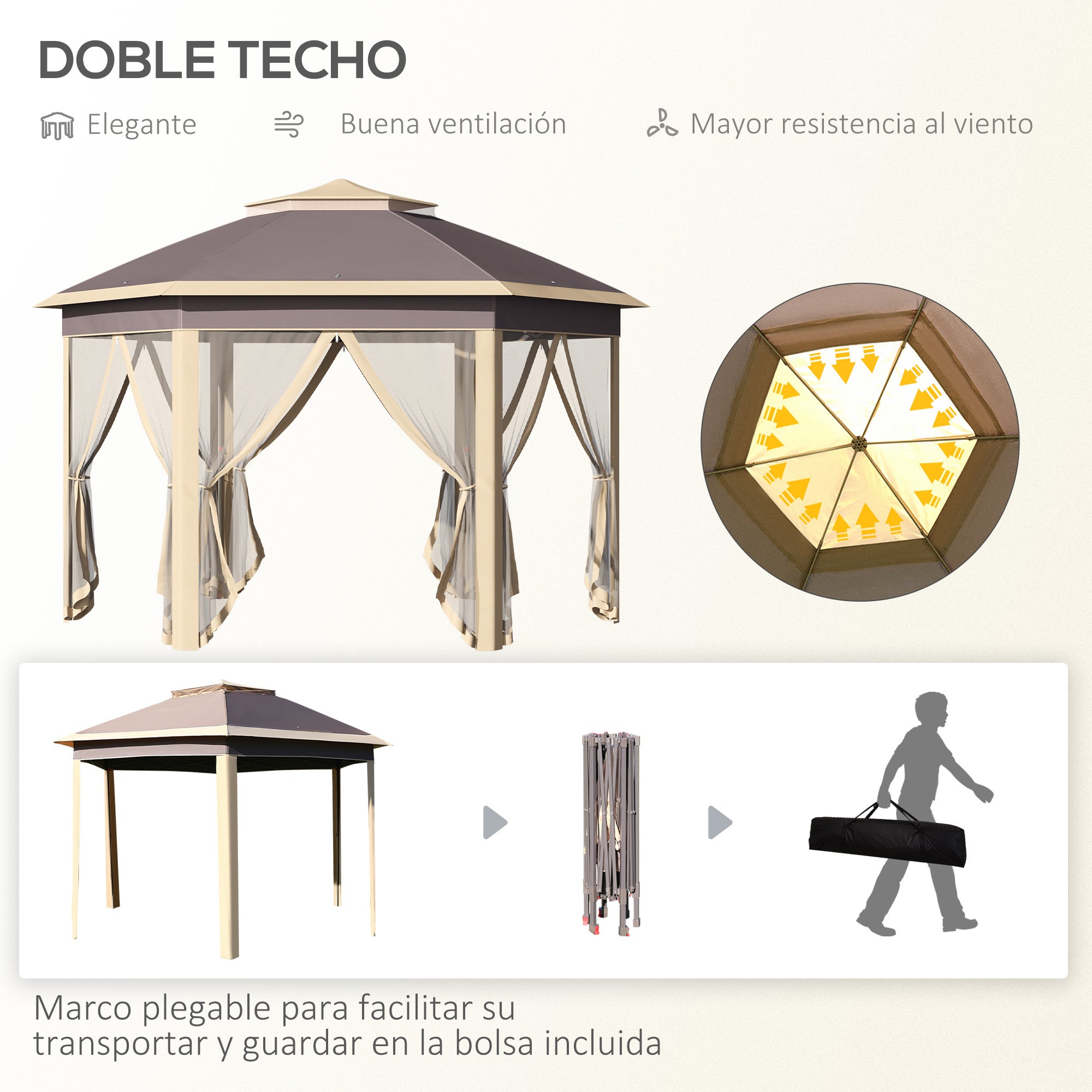 Outsunny Carpa Plegable 4x3,4x2,85 m Cenador de Jardín Hexagonal con Doble Techo 6 Mosquiteras Desmontables Bolsa de Transporte Altura Ajustable en 3 Niveles y Anti-UV Gazebo para Fiesta Patio Beige