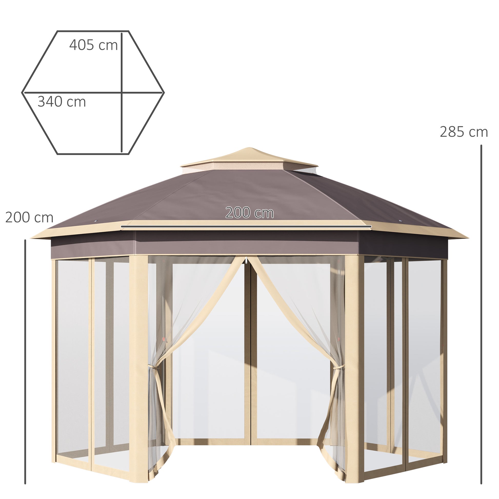 Outsunny Carpa Plegable 4x3,4x2,85 m Cenador de Jardín Hexagonal con Doble Techo 6 Mosquiteras Desmontables Bolsa de Transporte Altura Ajustable en 3 Niveles y Anti-UV Gazebo para Fiesta Patio Beige