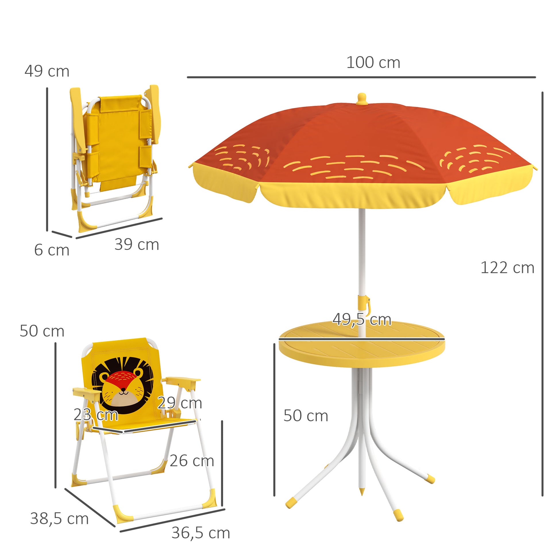 Outsunny Conjunto de Mesa y Sillas para Exterior Infantil Set de 2 Sillas Plegables y Mesa para Niños Mesa con Sombrilla Ajustable en Altura Temática de León para Jardín Patio Amarillo y Marrón