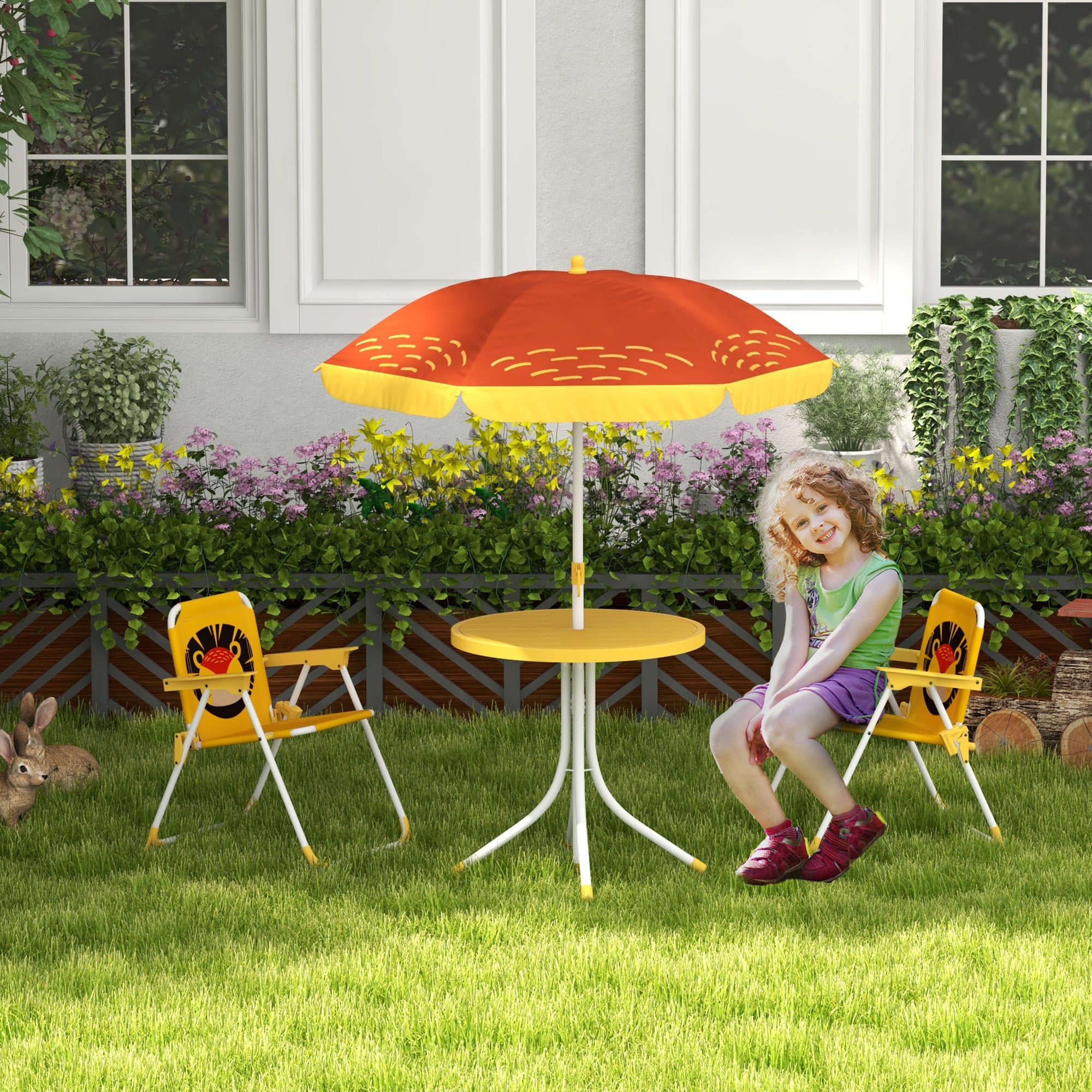 Outsunny Conjunto de Mesa y Sillas para Exterior Infantil Set de 2 Sillas Plegables y Mesa para Niños Mesa con Sombrilla Ajustable en Altura Temática de León para Jardín Patio Amarillo y Marrón