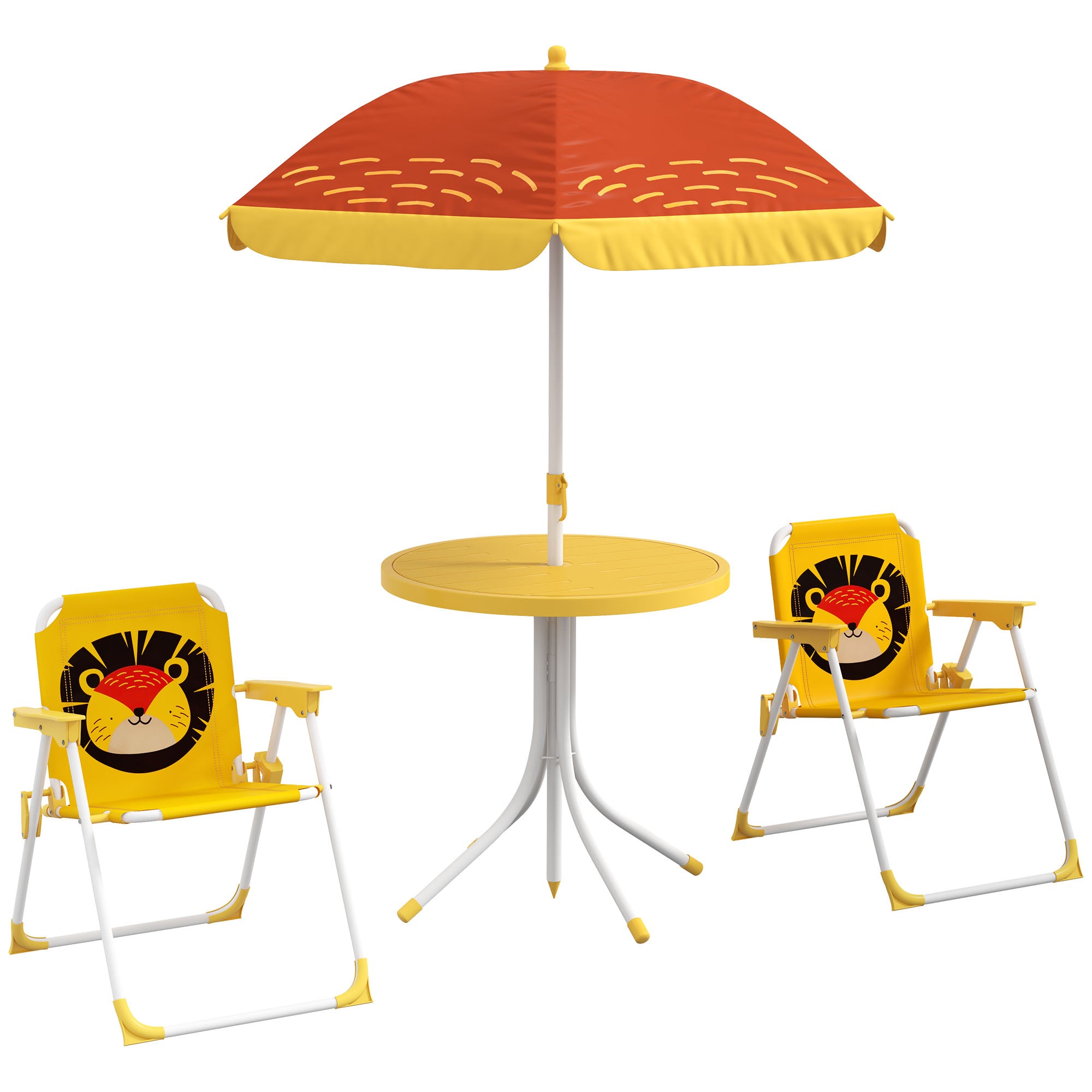 Outsunny Conjunto de Mesa y Sillas para Exterior Infantil Set de 2 Sillas Plegables y Mesa para Niños Mesa con Sombrilla Ajustable en Altura Temática de León para Jardín Patio Amarillo y Marrón
