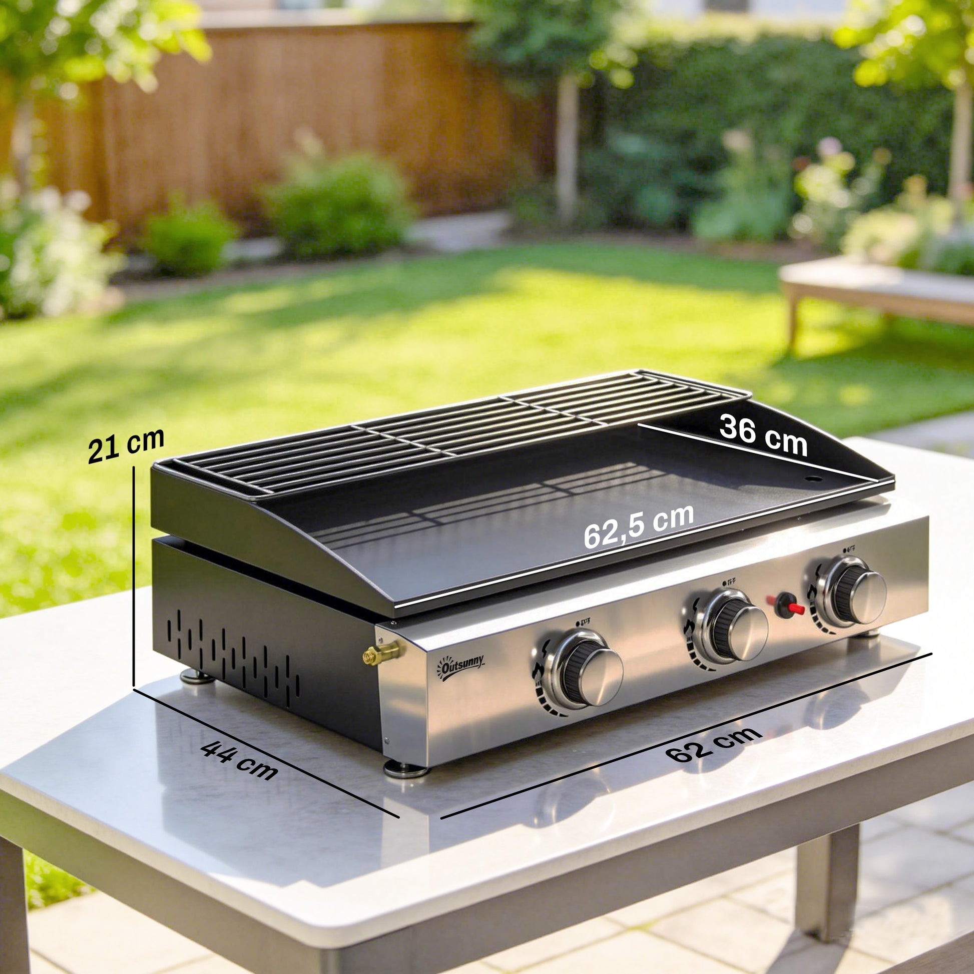 Outsunny Barbacoa de Gas BBQ Gas con 3 Quemadores 7,5 kW, Barbacoa Portátil con Plancha, Rejilla Calentadora y Recogedor Grasa, para Camping, Picnic, Terraza, Negro