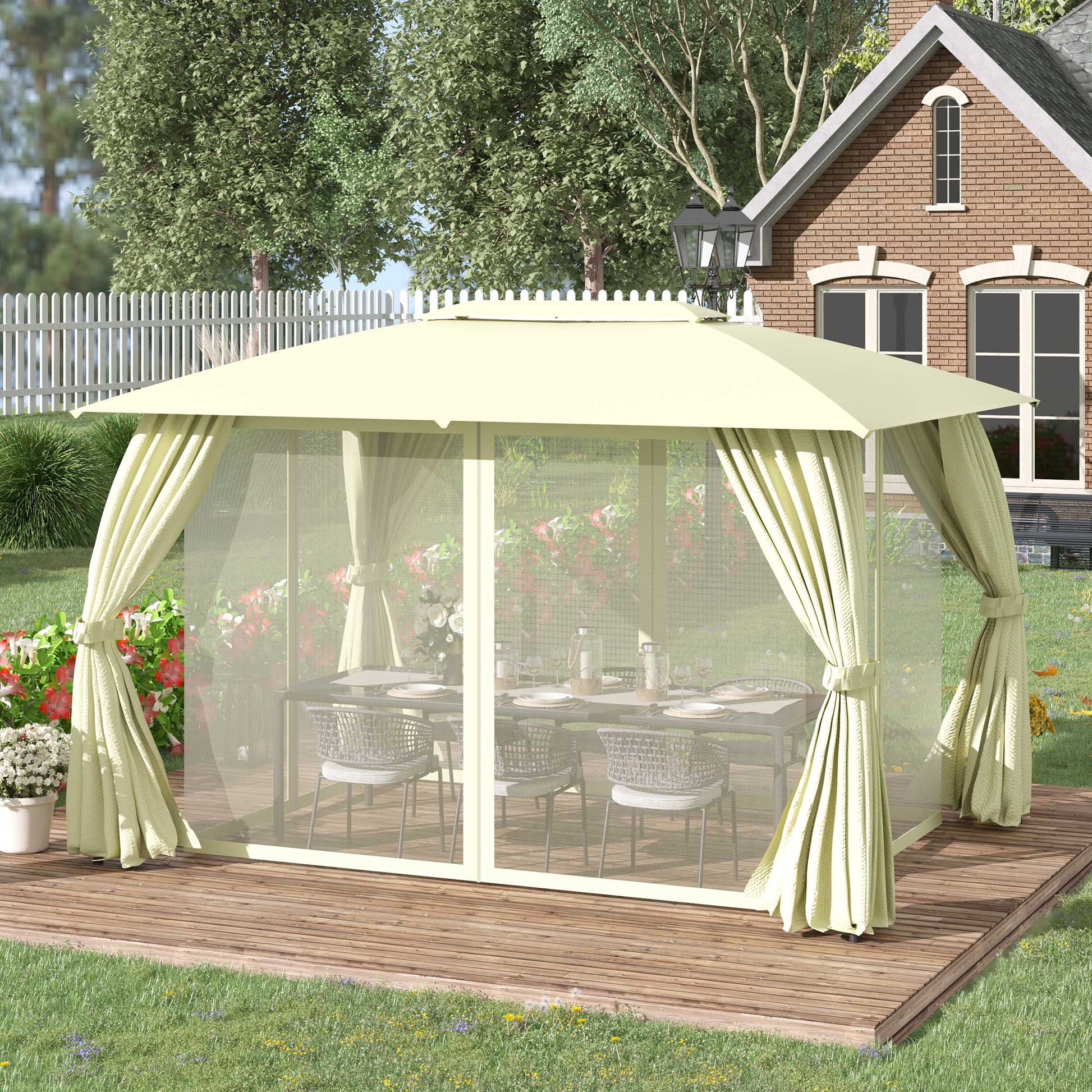 Outsunny Cenador de Jardín 4x3 m Pabellón de Exterior con Doble Techo 4 Cortinas Laterales 4 Mosquiteras con Cremalleras y Marco de Acero Gazebo para Fiestas Eventos Beige