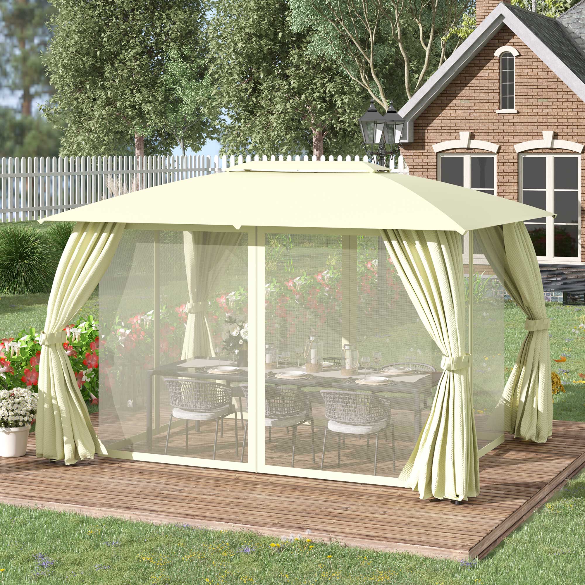 Outsunny Cenador de Jardín 4x3 m Pabellón de Exterior con Doble Techo 4 Cortinas Laterales 4 Mosquiteras con Cremalleras y Marco de Acero Gazebo para Fiestas Eventos Beige
