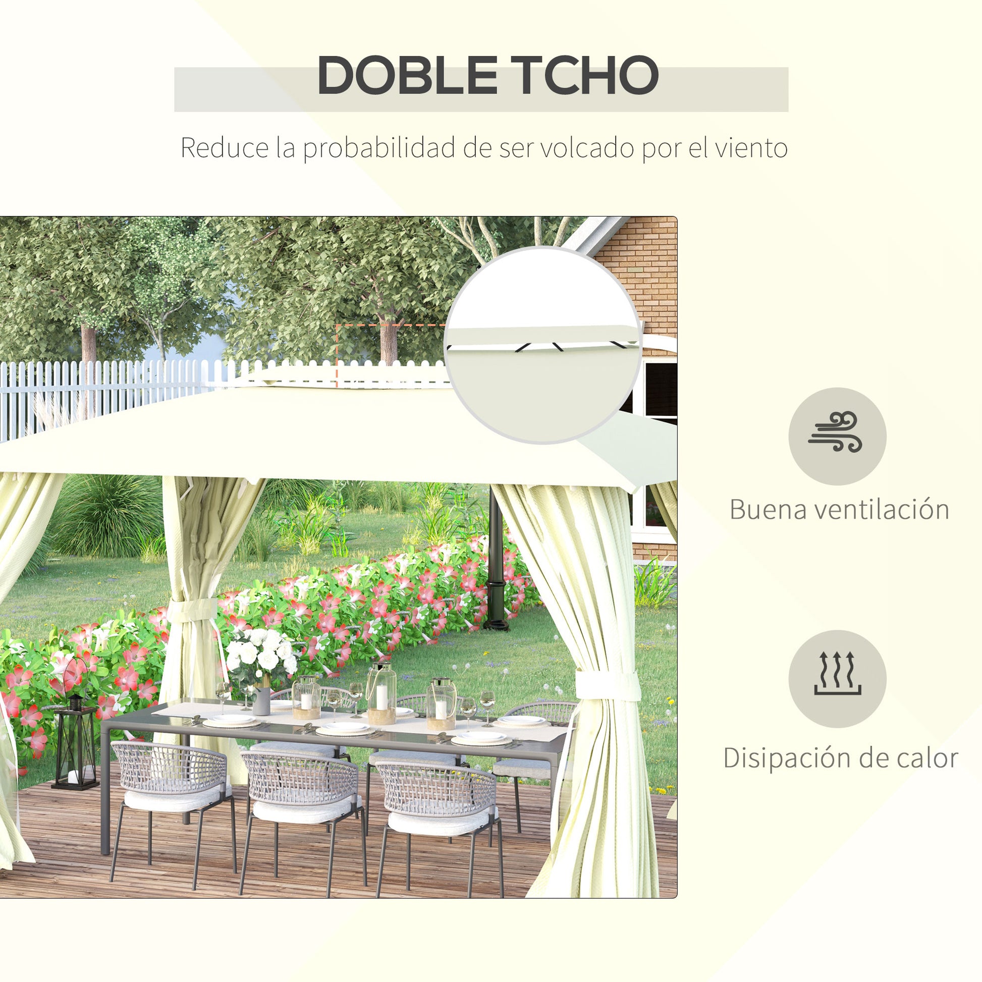Outsunny Cenador de Jardín 4x3 m Pabellón de Exterior con Doble Techo 4 Cortinas Laterales 4 Mosquiteras con Cremalleras y Marco de Acero Gazebo para Fiestas Eventos Beige
