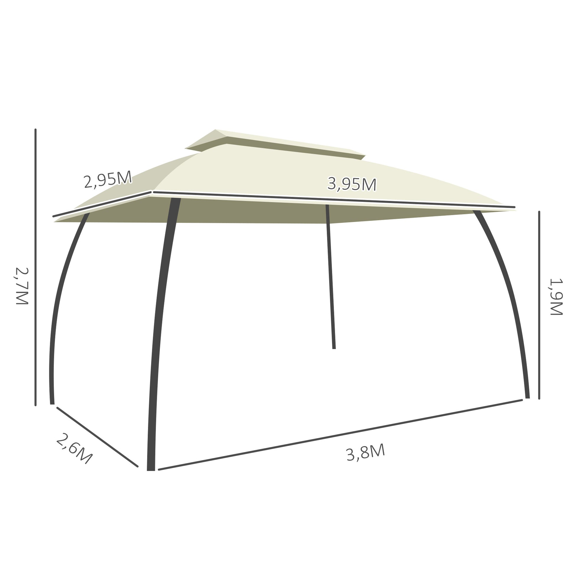 Outsunny Cenador de Jardín 4x3 m Pabellón de Exterior con Doble Techo 4 Cortinas Laterales 4 Mosquiteras con Cremalleras y Marco de Acero Gazebo para Fiestas Eventos Beige