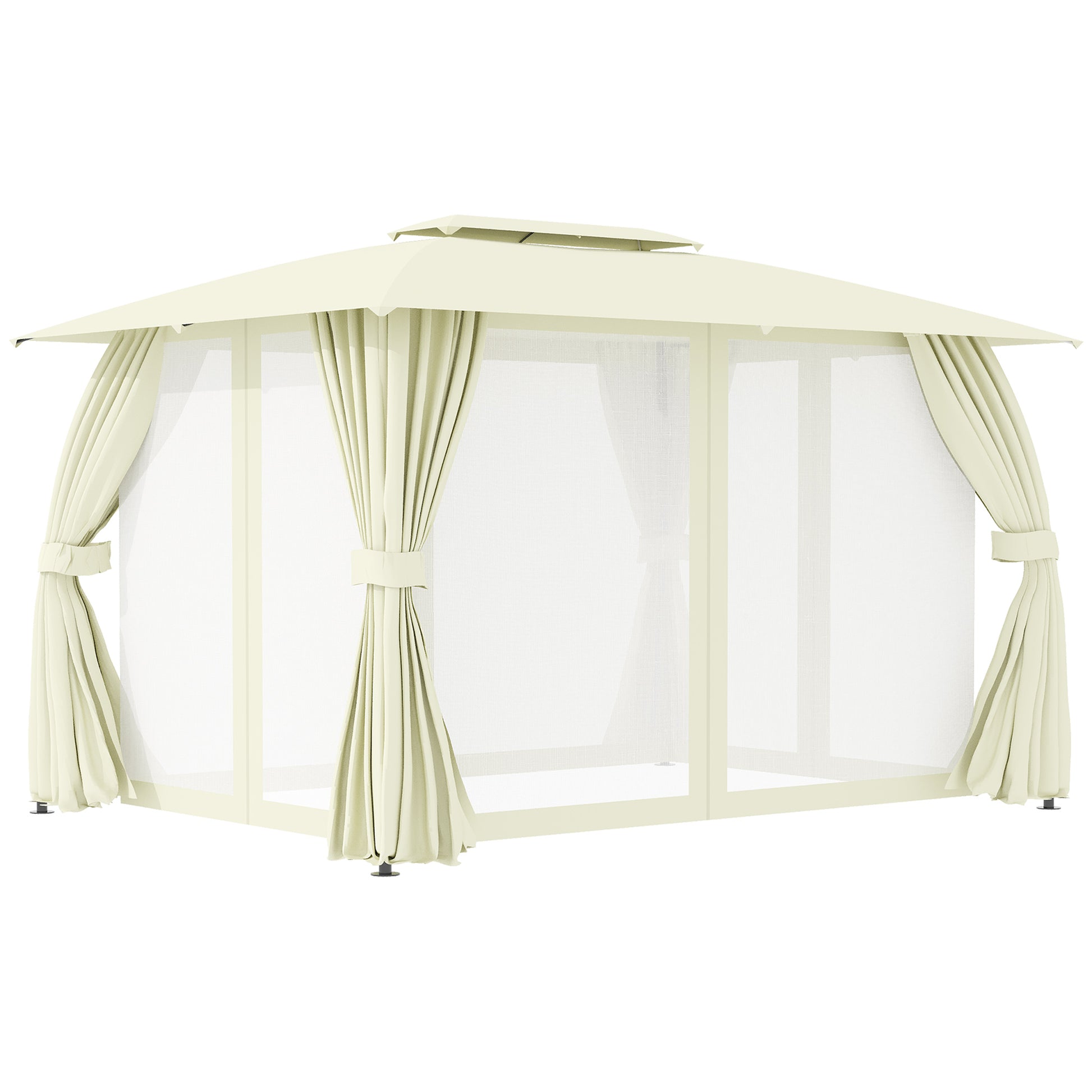Outsunny Cenador de Jardín 4x3 m Pabellón de Exterior con Doble Techo 4 Cortinas Laterales 4 Mosquiteras con Cremalleras y Marco de Acero Gazebo para Fiestas Eventos Beige