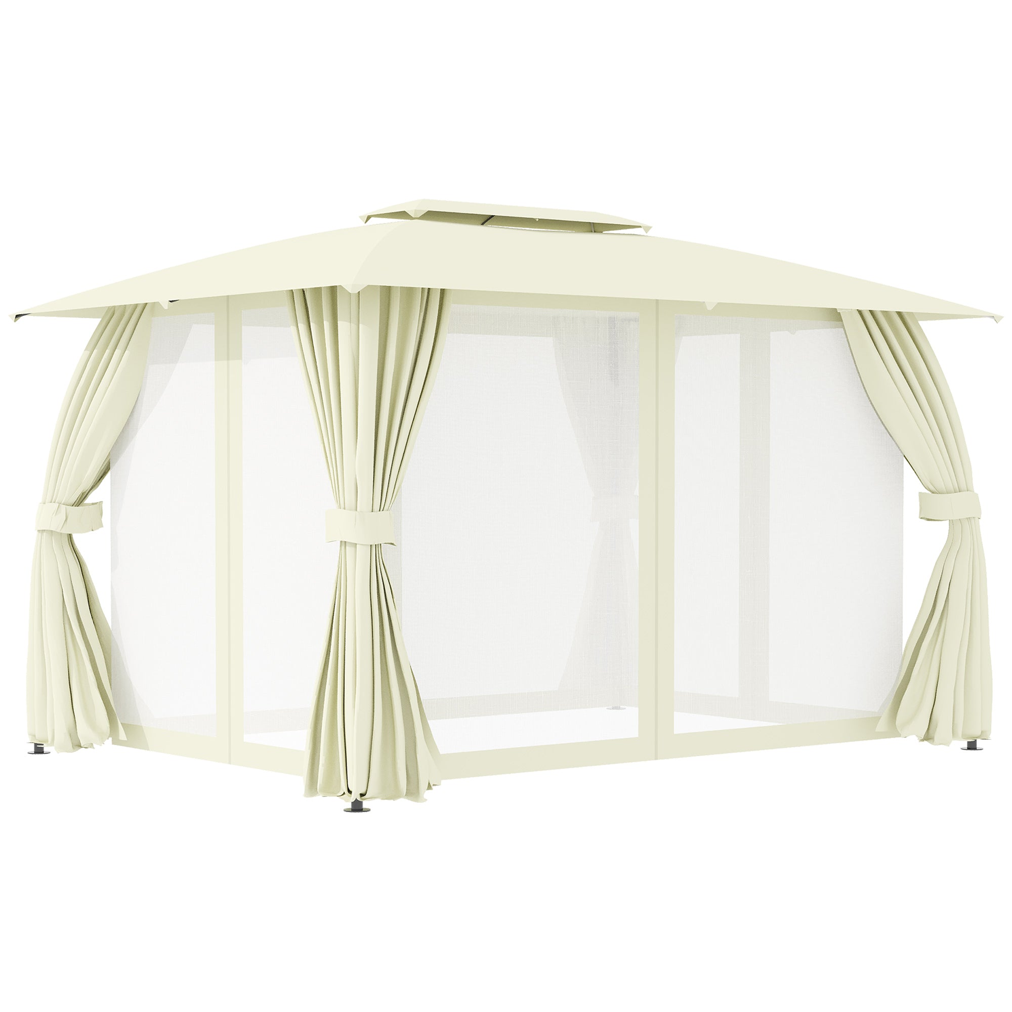 Outsunny Cenador de Jardín 4x3 m Pabellón de Exterior con Doble Techo 4 Cortinas Laterales 4 Mosquiteras con Cremalleras y Marco de Acero Gazebo para Fiestas Eventos Beige