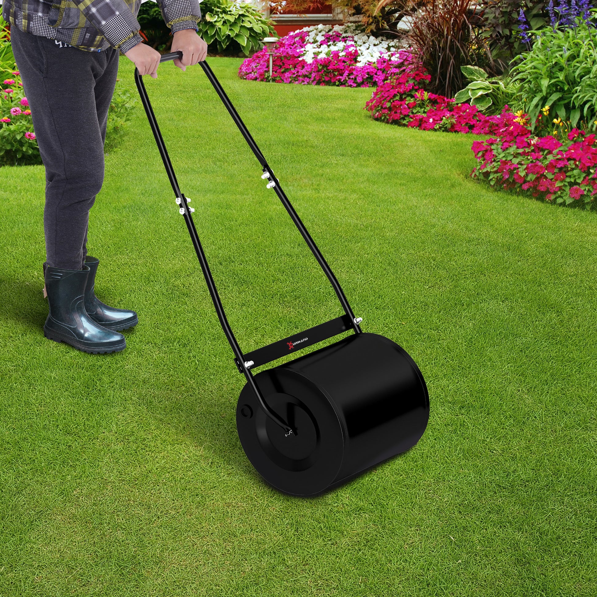 DURHAND Rodillo de Césped de Jardín Apisonadora de Césped de Acero 30L Llena de Agua o Arena Medida de Rodillo Φ32x40cm Asa Desmontable