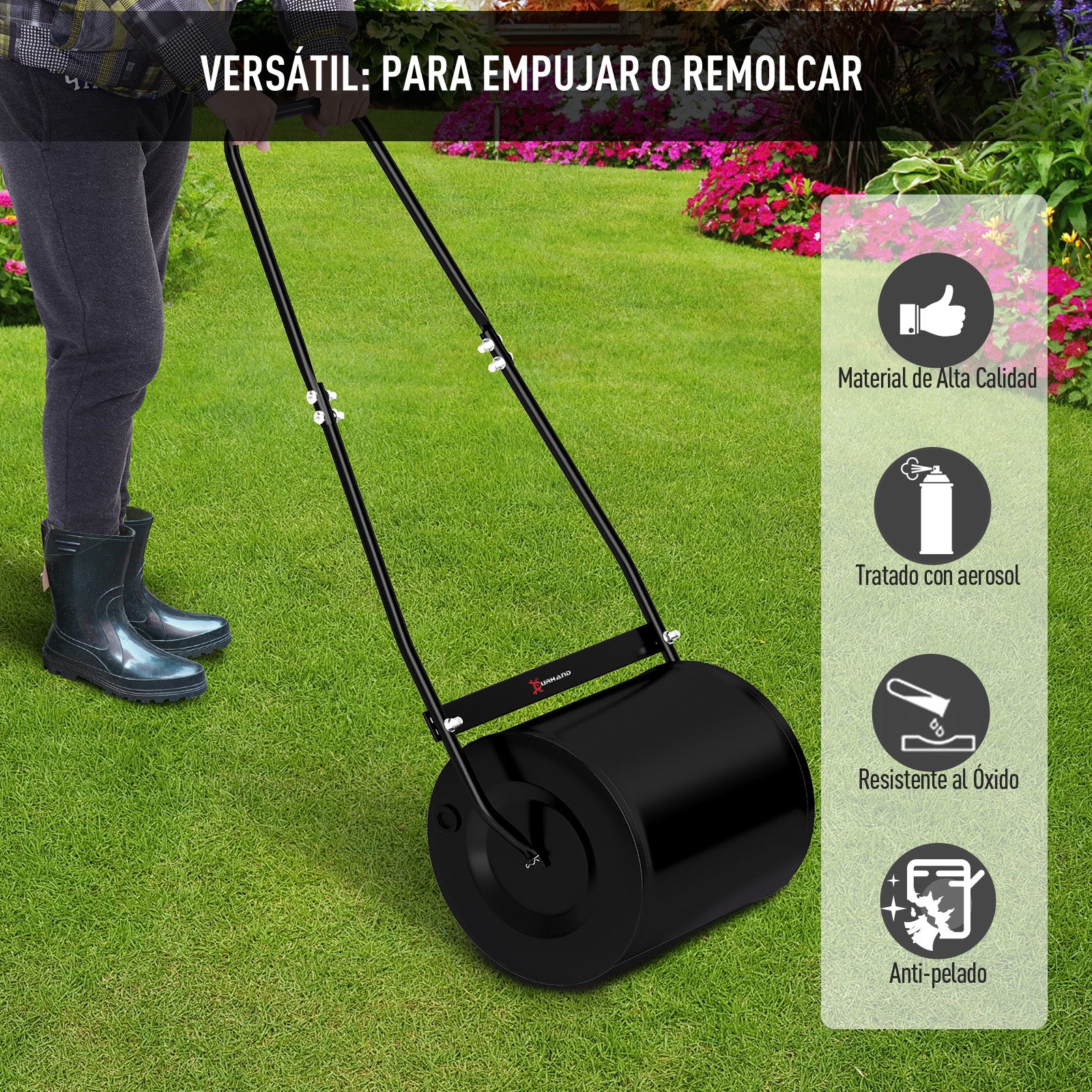DURHAND Rodillo de Césped de Jardín Apisonadora de Césped de Acero 30L Llena de Agua o Arena Medida de Rodillo Φ32x40cm Asa Desmontable