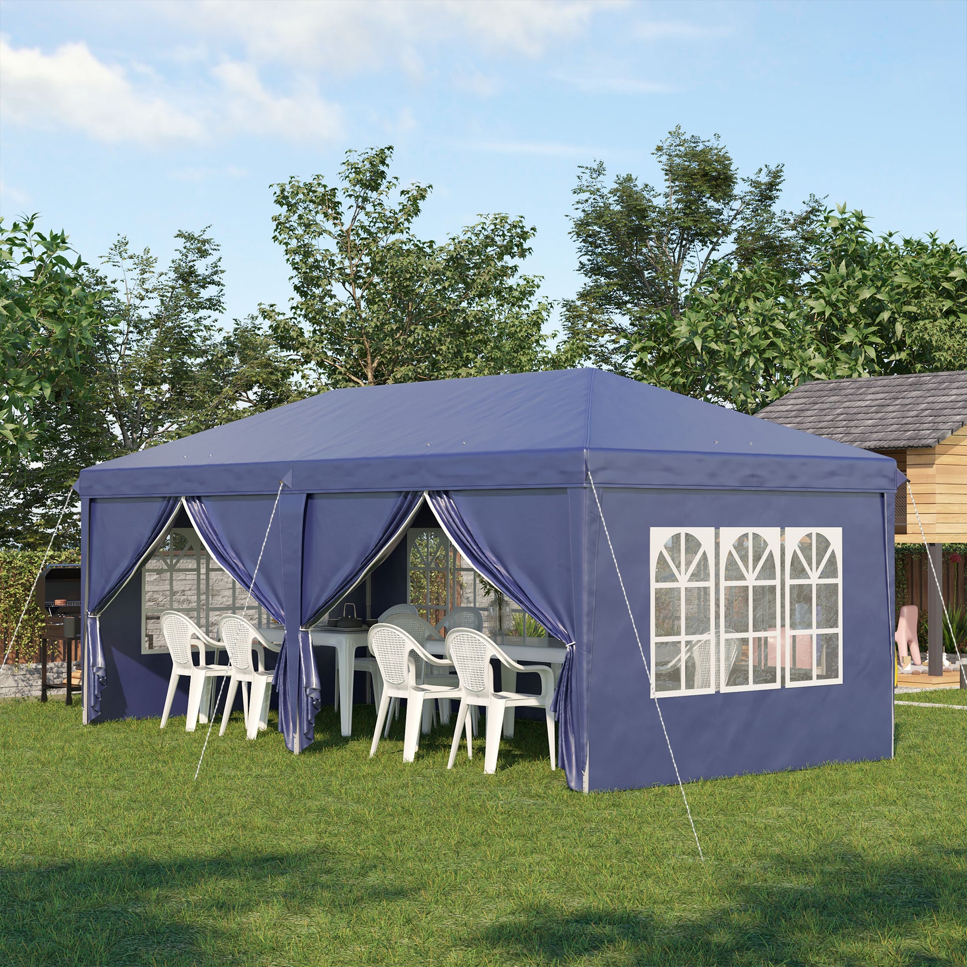 Outsunny Carpa Plegable 6x3x2,7 m Cenador de Jardín Gazebo Plegable con 4 Paneles 4 Ventanas 2 Puertas con Cremallera 1 Bolsa Anti-UV Impermeable para Exterior Terraza Patio Playa Azul