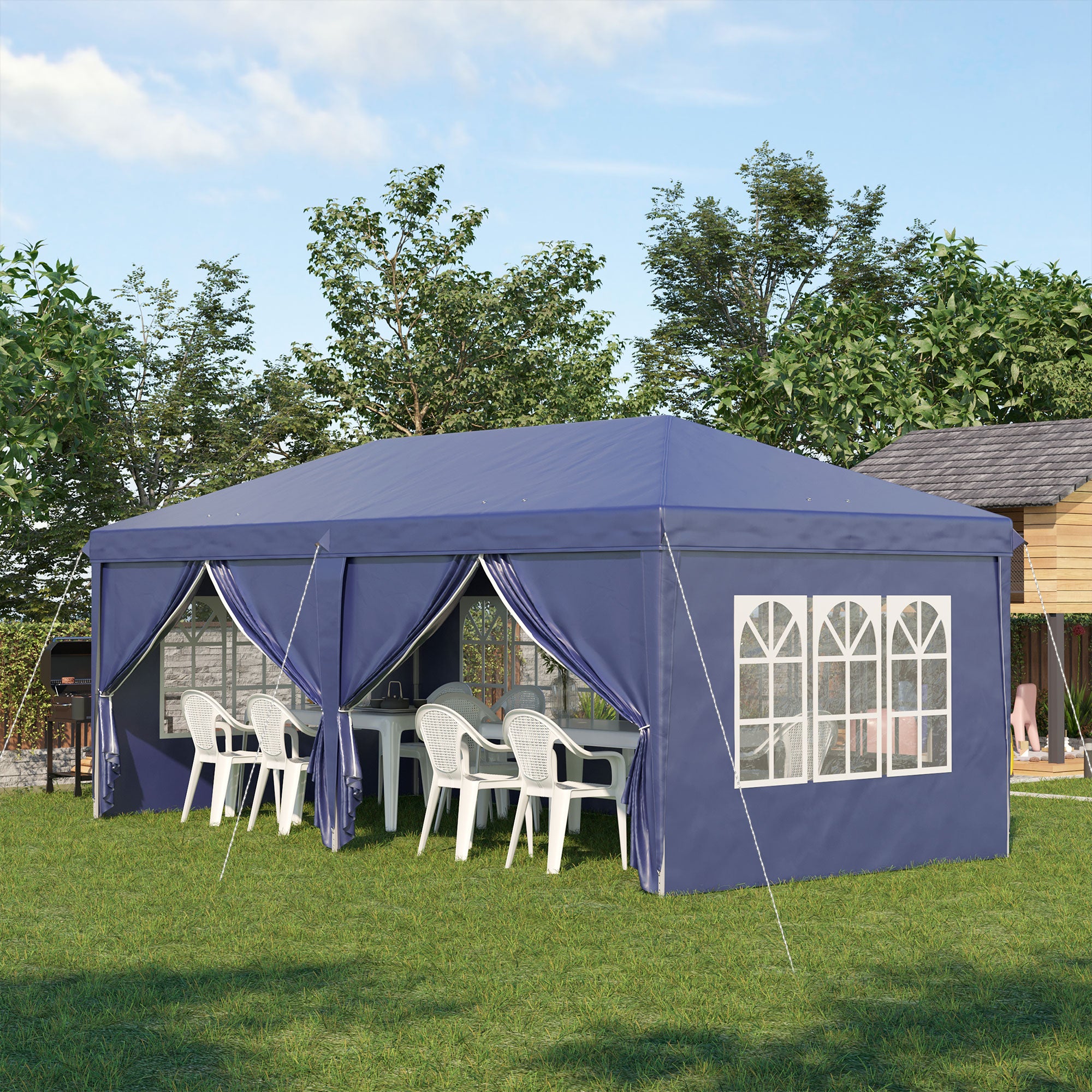 Outsunny Carpa Plegable 6x3x2,7 m Cenador de Jardín Gazebo Plegable con 4 Paneles 4 Ventanas 2 Puertas con Cremallera 1 Bolsa Anti-UV Impermeable para Exterior Terraza Patio Playa Azul