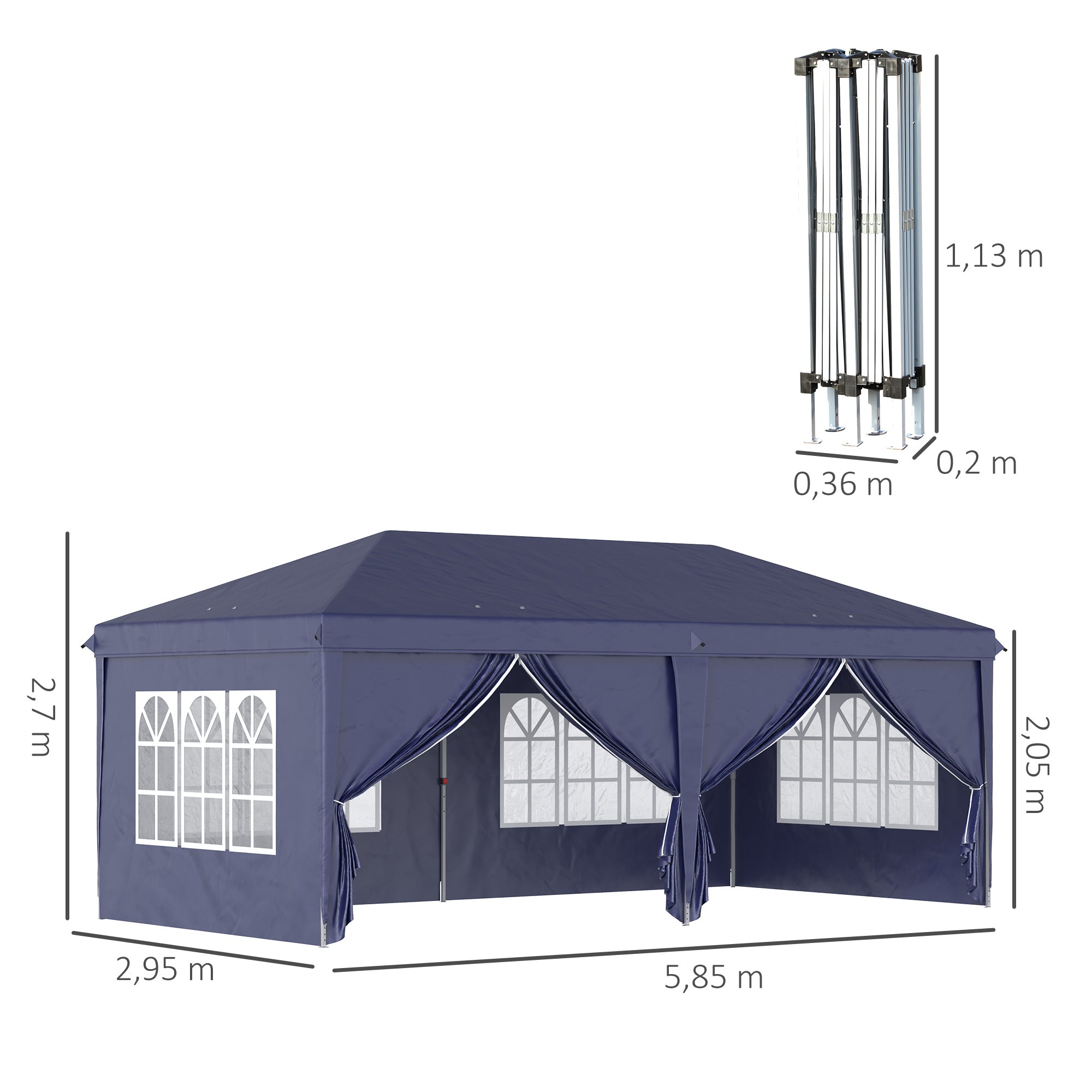 Outsunny Carpa Plegable 6x3x2,7 m Cenador de Jardín Gazebo Plegable con 4 Paneles 4 Ventanas 2 Puertas con Cremallera 1 Bolsa Anti-UV Impermeable para Exterior Terraza Patio Playa Azul