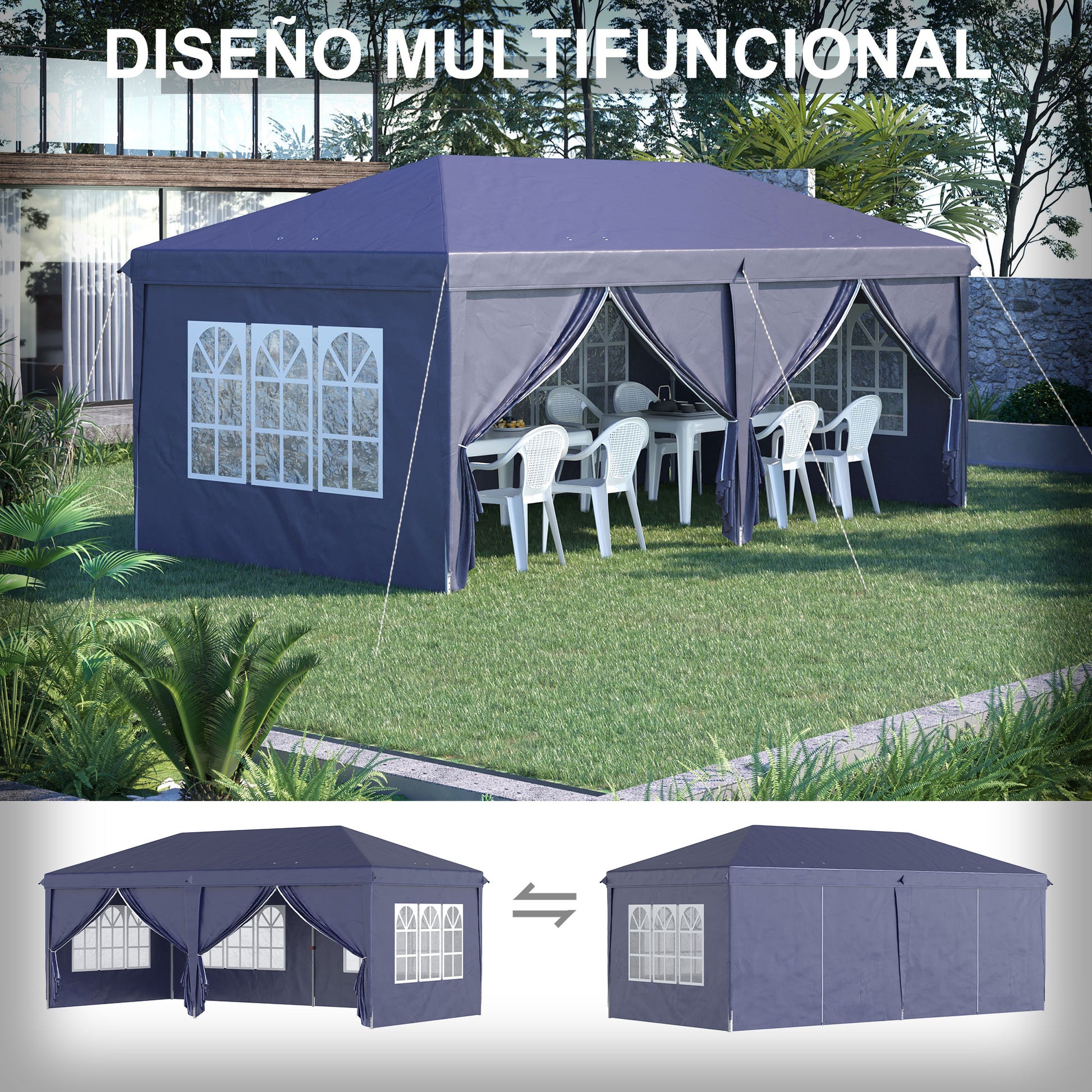 Outsunny Carpa Plegable 6x3x2,7 m Cenador de Jardín Gazebo Plegable con 4 Paneles 4 Ventanas 2 Puertas con Cremallera 1 Bolsa Anti-UV Impermeable para Exterior Terraza Patio Playa Azul