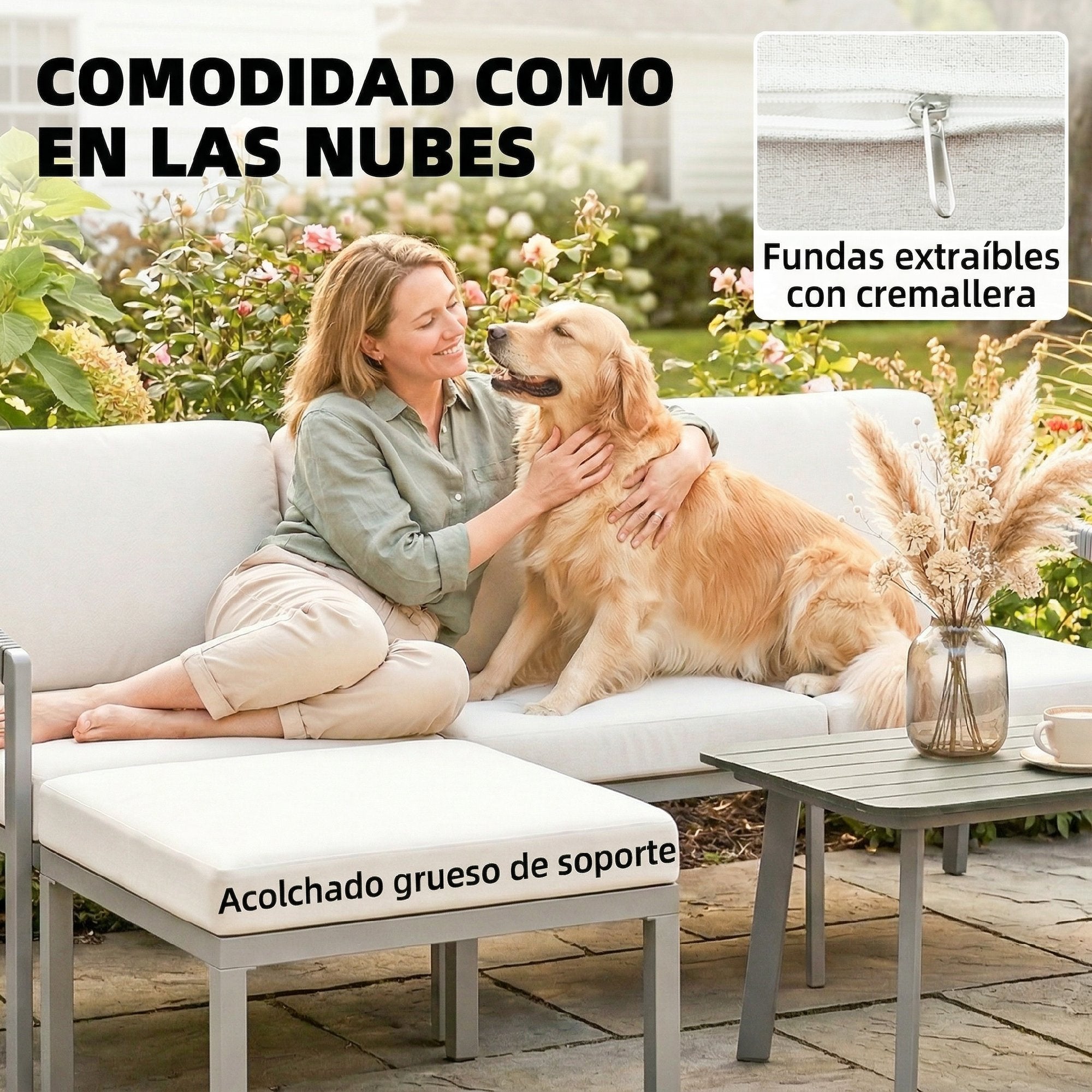 Outsunny Conjunto de Muebles Jardín Exterior de 3 Piezas Sofá Exterior Seccional Forma de L con Sofá de 3 Plazas Reposapiés Mesa Centro de Listones y Cojines de 10 cm para Terraza Patio Marrón y Beige