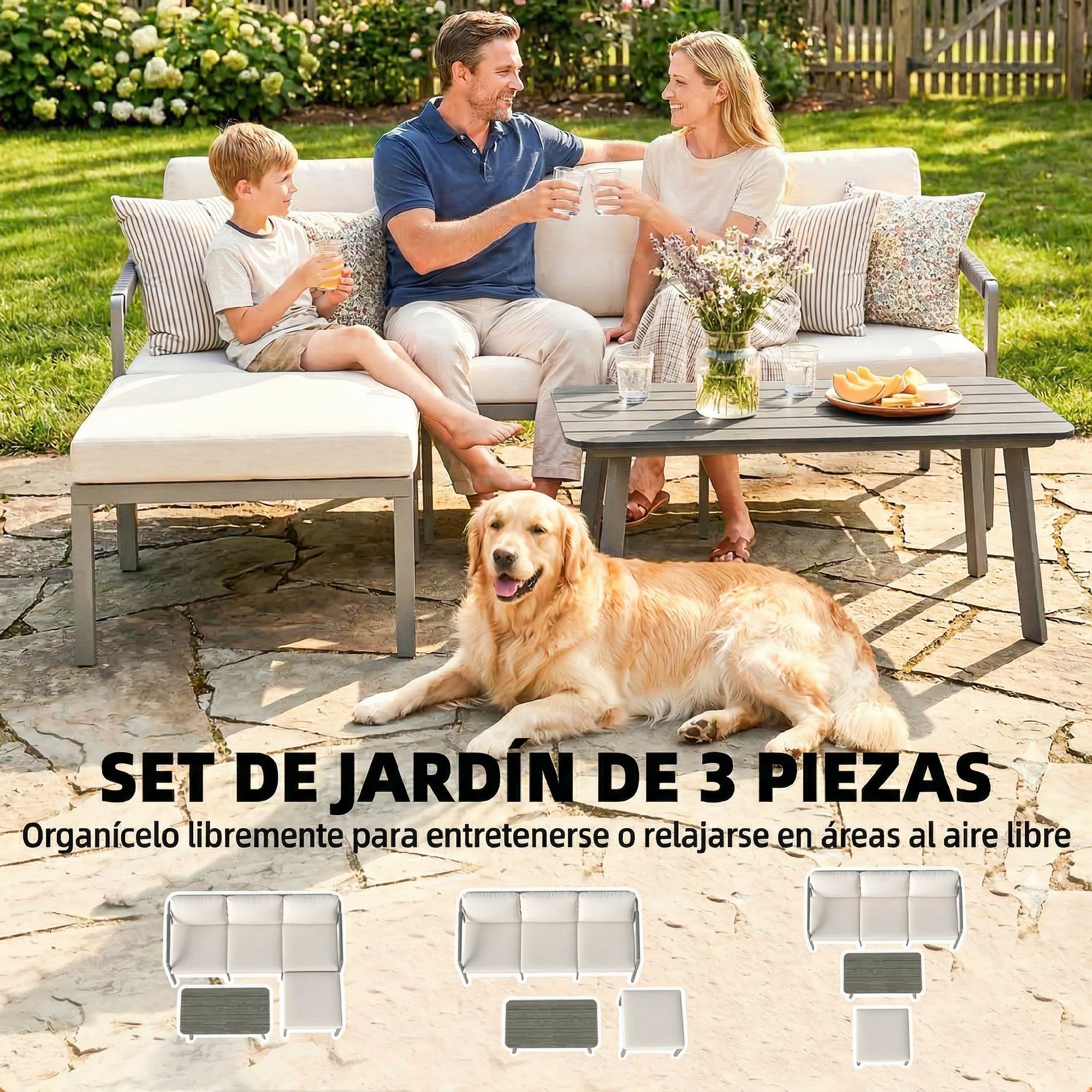 Outsunny Conjunto de Muebles Jardín Exterior de 3 Piezas Sofá Exterior Seccional Forma de L con Sofá de 3 Plazas Reposapiés Mesa Centro de Listones y Cojines de 10 cm para Terraza Patio Marrón y Beige