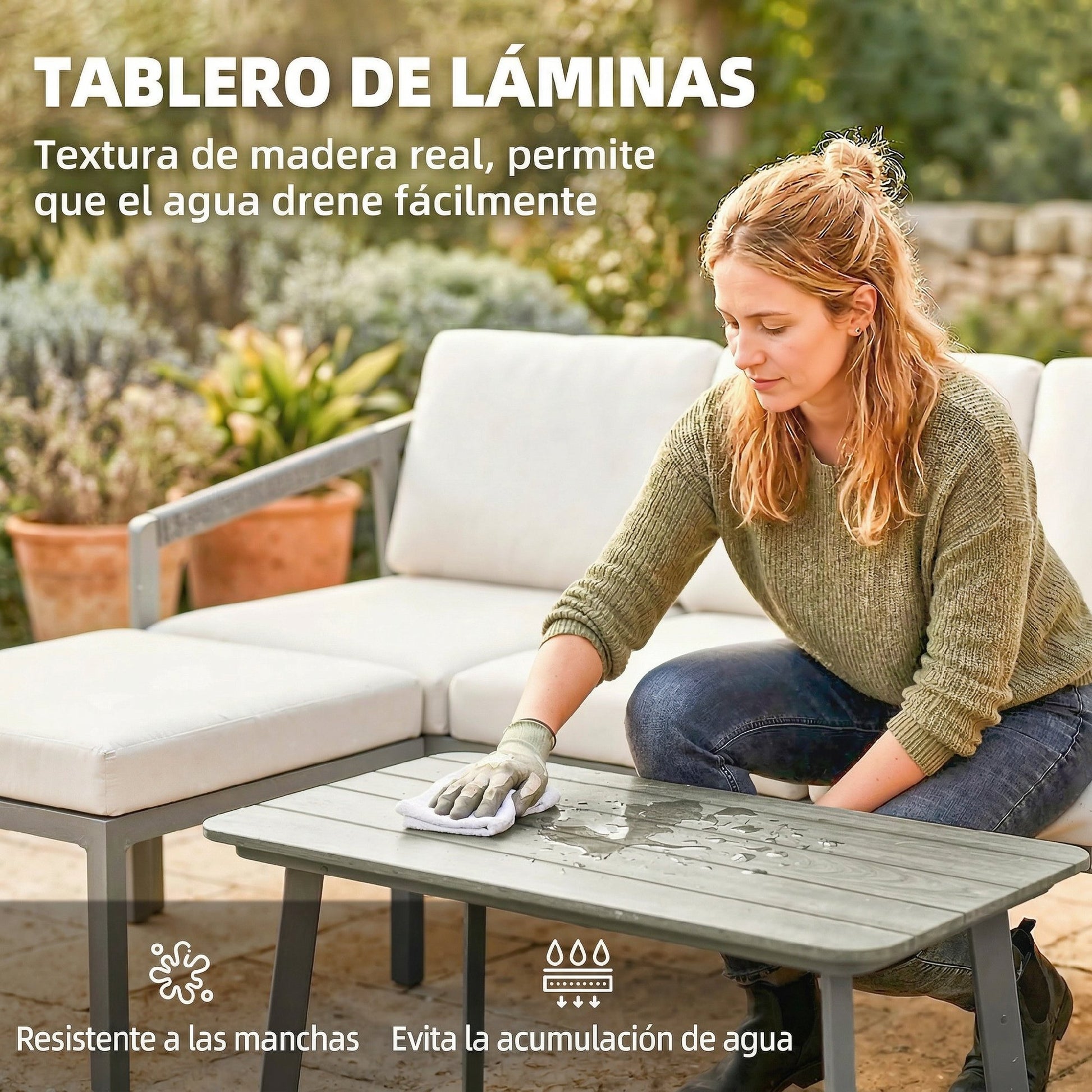 Outsunny Conjunto de Muebles Jardín Exterior de 3 Piezas Sofá Exterior Seccional Forma de L con Sofá de 3 Plazas Reposapiés Mesa Centro de Listones y Cojines de 10 cm para Terraza Patio Marrón y Beige