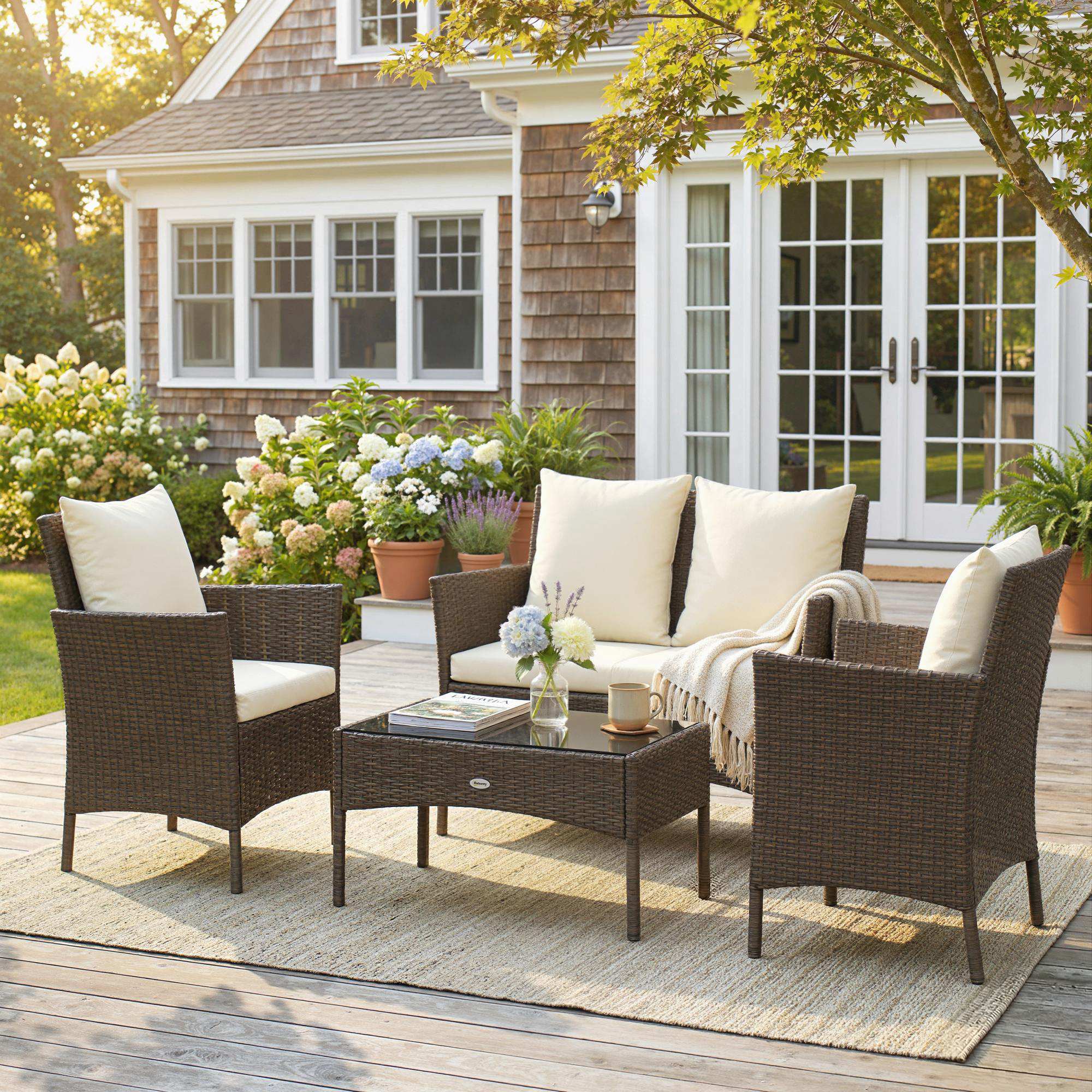 Outsunny Conjunto de Jardín Exterior de Ratán, Conjunto de Terraza con Cojines Lavables, Muebles Jardín Exterior 4 Piezas Incluye Sofá de 2 Plazas, 2 Sillas, Mesa de Centro de Vidrio Templado, Marrón