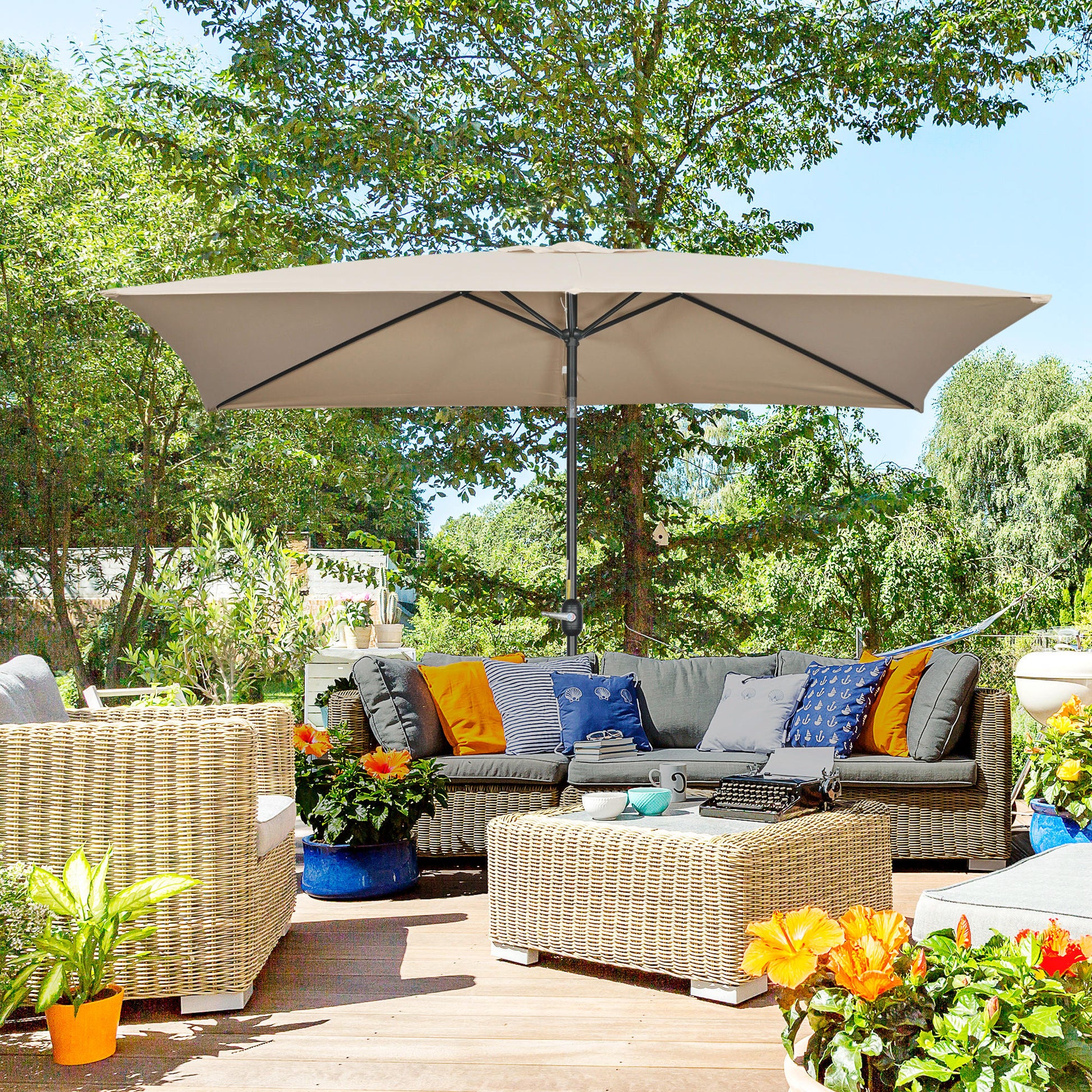 Outsunny Sombrilla de Aluminio 200x300x253 cm Parasol Rectangular de Jardín Inclinable con Manivela y Poste Desmontable para Terraza Piscina Patio Exterior Caqui