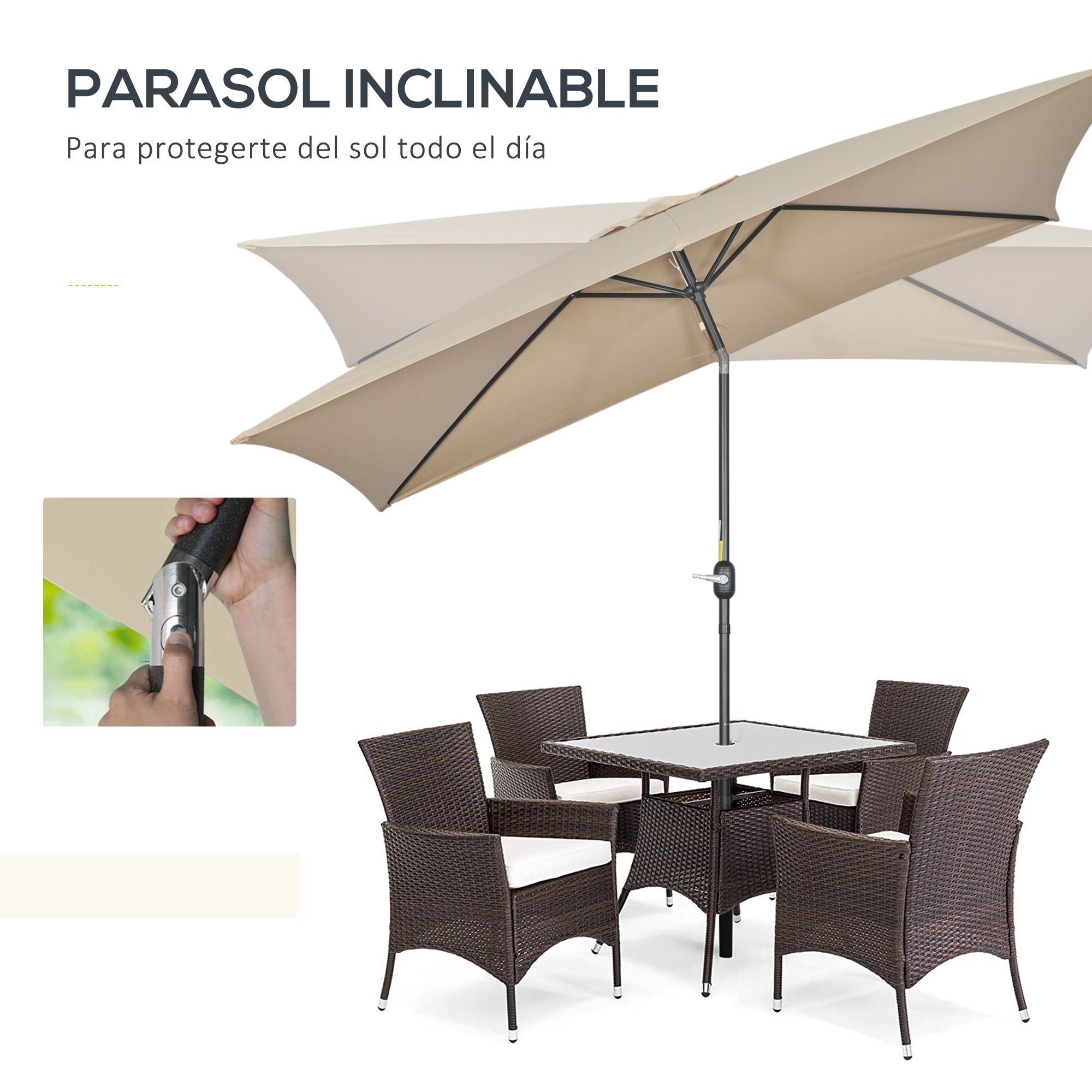 Outsunny Sombrilla de Aluminio 200x300x253 cm Parasol Rectangular de Jardín Inclinable con Manivela y Poste Desmontable para Terraza Piscina Patio Exterior Caqui