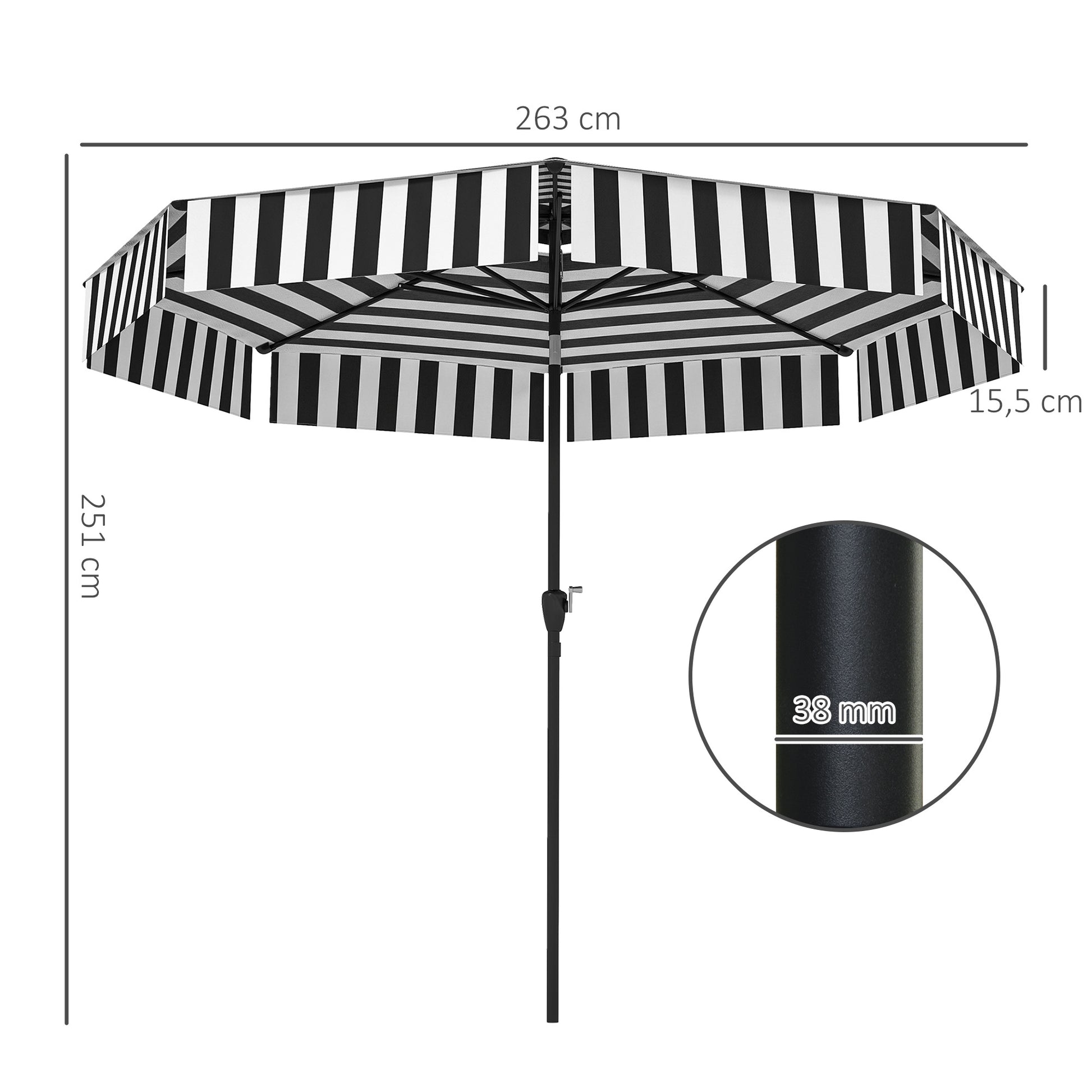 Outsunny Sombrilla Terraza Exterior Ø263 cm Sombrilla de Jardín con Ángulo Ajustable y Manivela Protección UV30+ Parasol para Patio Terraza Negro y Blanco