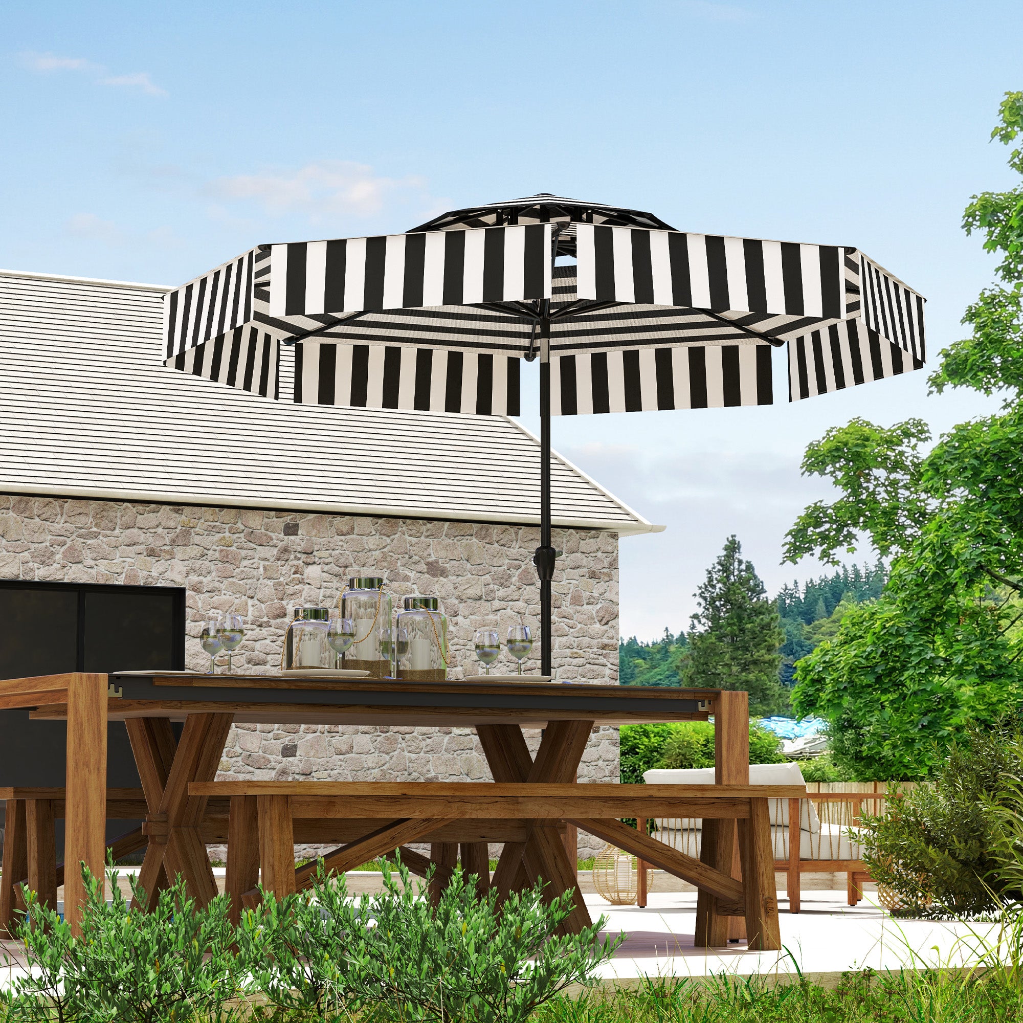 Outsunny Sombrilla Terraza Exterior Ø263 cm Sombrilla de Jardín con Ángulo Ajustable y Manivela Protección UV30+ Parasol para Patio Terraza Negro y Blanco