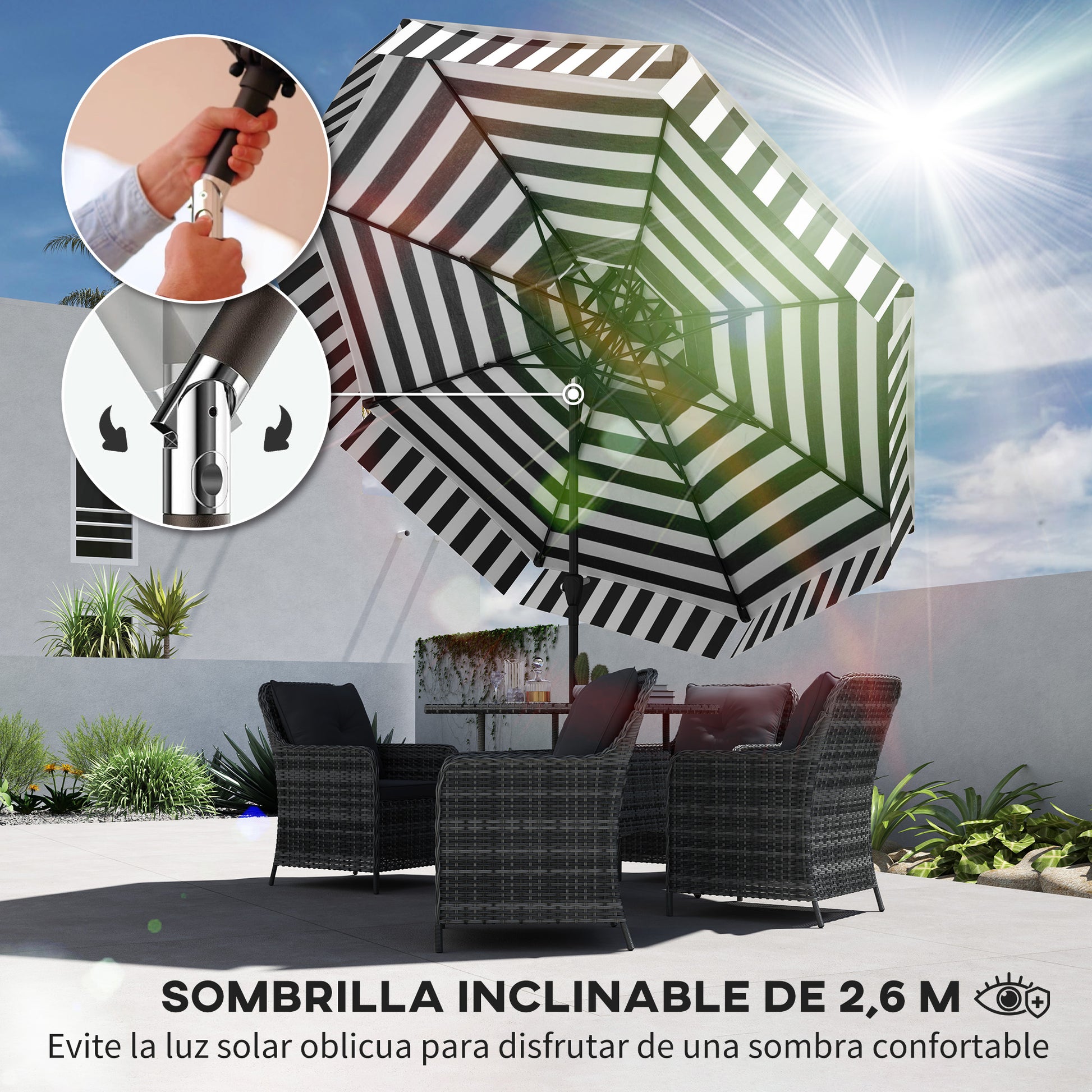 Outsunny Sombrilla Terraza Exterior Ø263 cm Sombrilla de Jardín con Ángulo Ajustable y Manivela Protección UV30+ Parasol para Patio Terraza Negro y Blanco