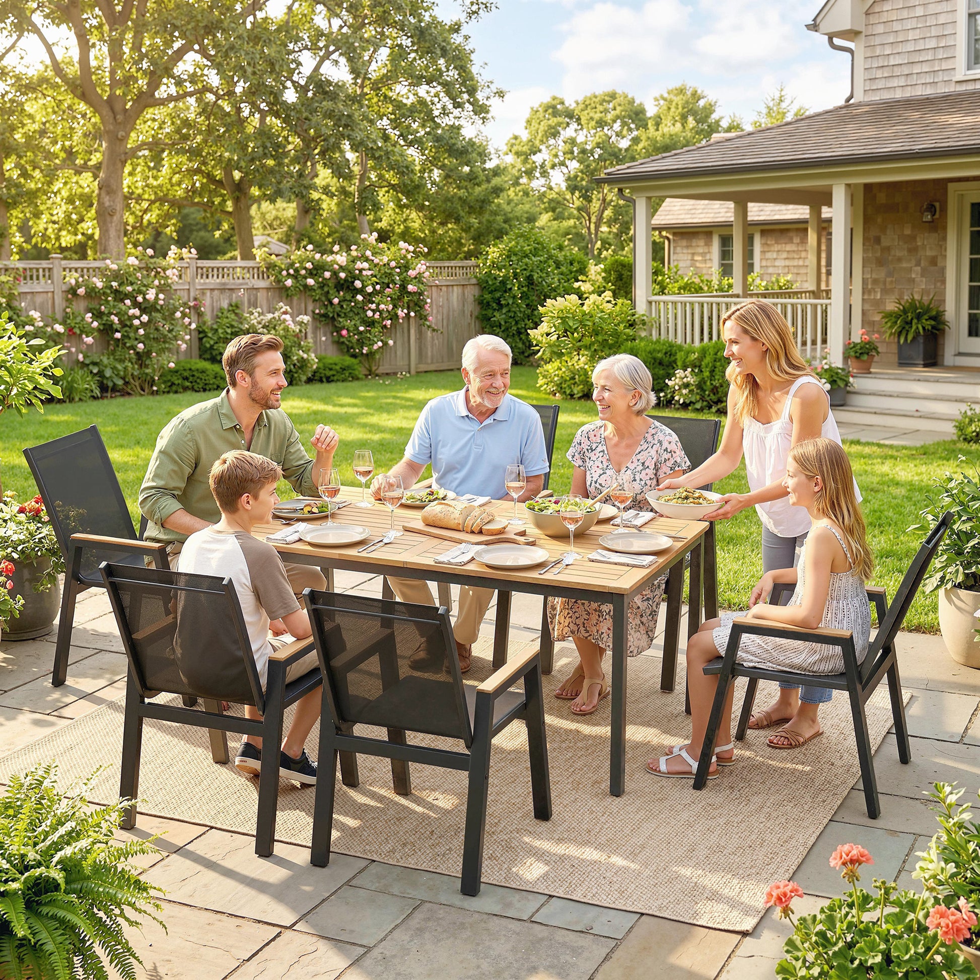 Outsunny Conjunto de Mesa y Sillas Jardín de 7 Piezas, Muebles Jardín Exterior con Mesa con Tablero de Listones Efecto Madera, 6 Sillas Transpirables, Marco de Metal Resistente a la Intemperie, Negro
