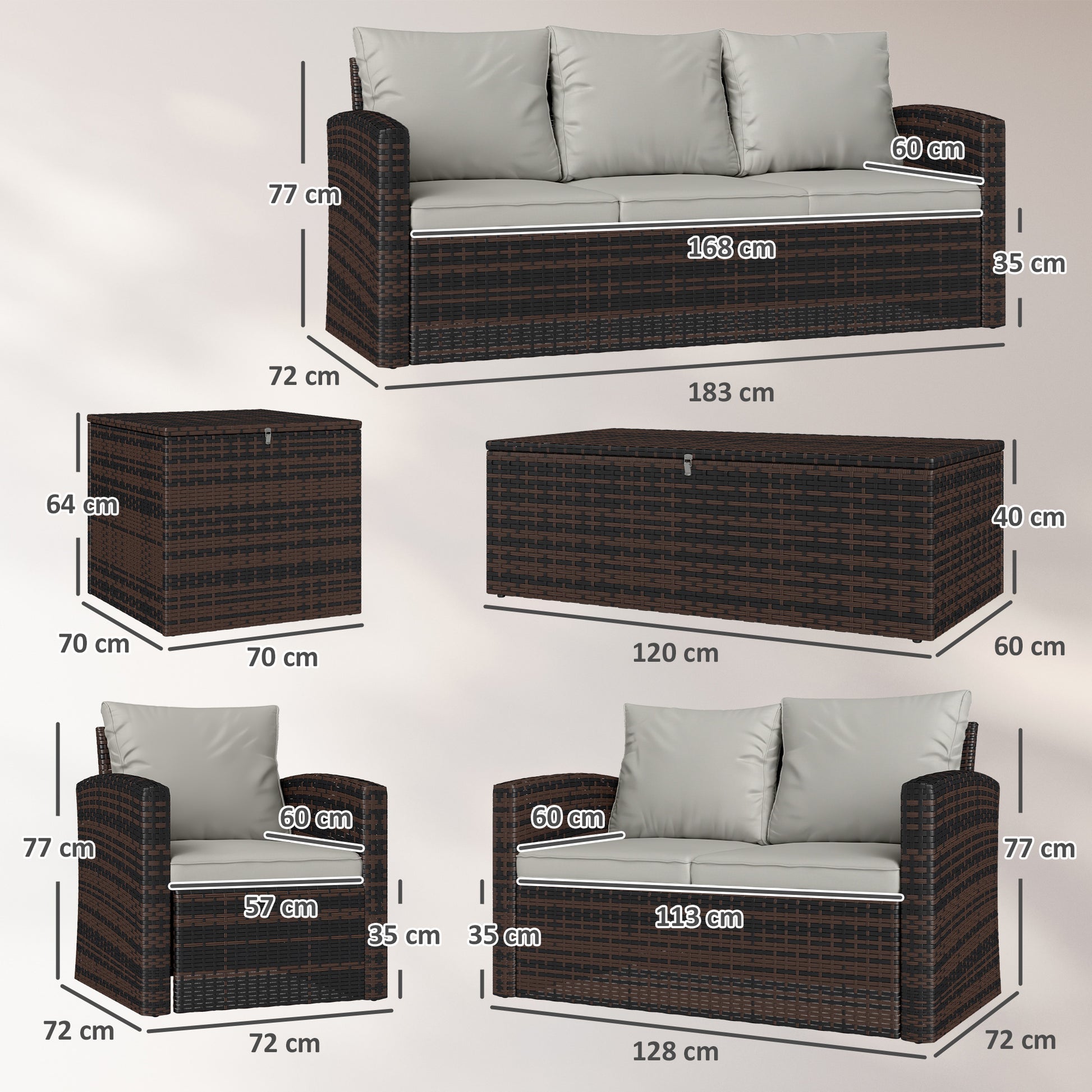 Outsunny Conjunto de Jardín Exterior de Ratán, Conjunto Terraza, Muebles Jardín Exterior 6 Piezas Incluye Cojines, Sofá Doble, Sofá 3 Plazas, 2 Sillones, 2 Mesas Auxiliares con Almacenamiento, Beige