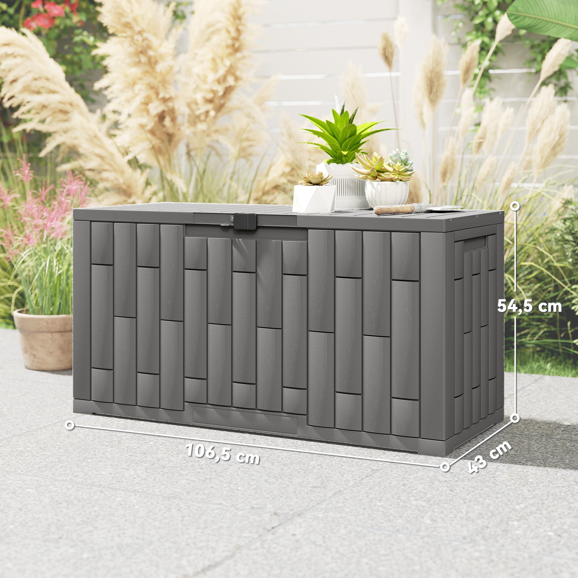Outsunny Arcón Exterior Capacidad 227L, Baúl de Almacenaje Exterior de Resina Resistente al Agua y a los Rayos UV, con Cerradura para Jardín, Terraza, Patio, 106,5x43x54,5 cm, Gris