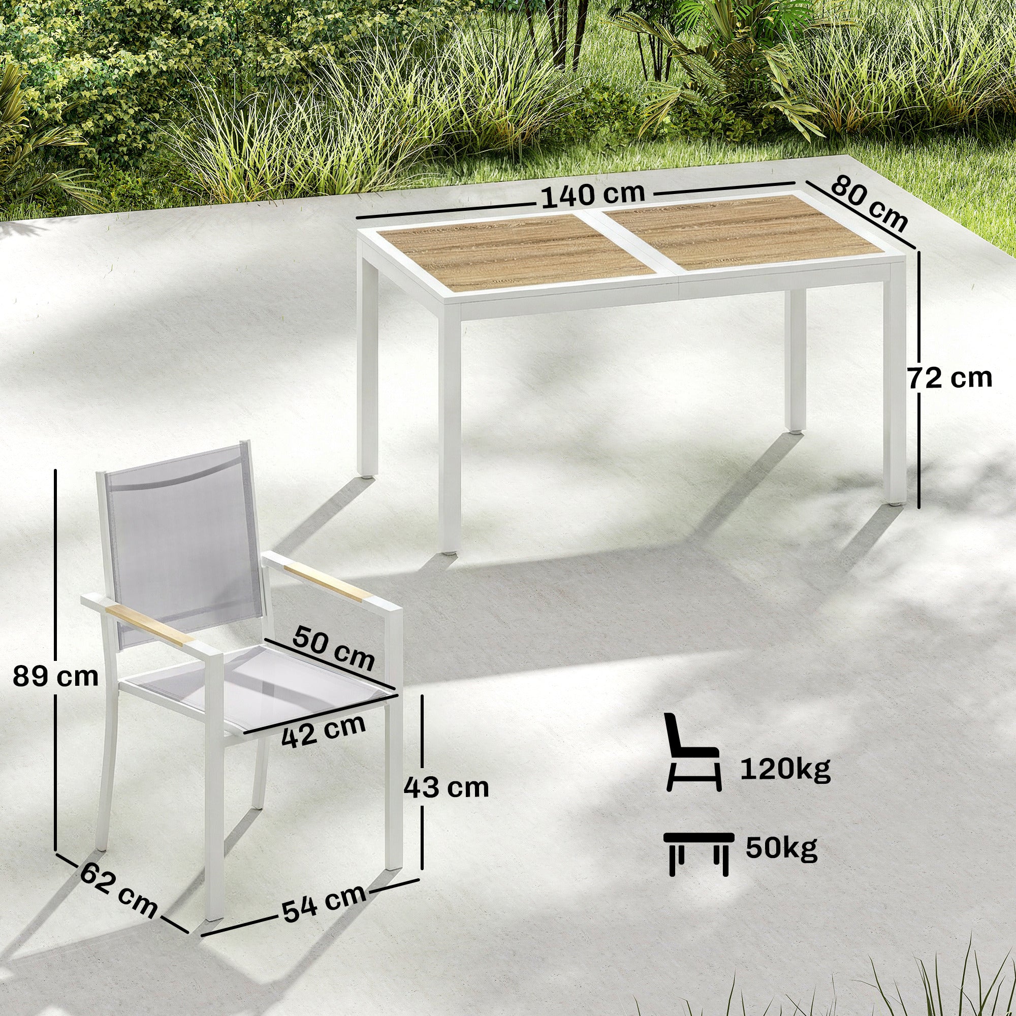 Outsunny Conjunto de Mesa y Sillas Jardín de 7 Piezas, Muebles Jardín Exterior con Mesa de Plástico PSPC, 6 Sillas Apilables Transpirables, Marco de Acero Resistente a la Intemperie, Blanco