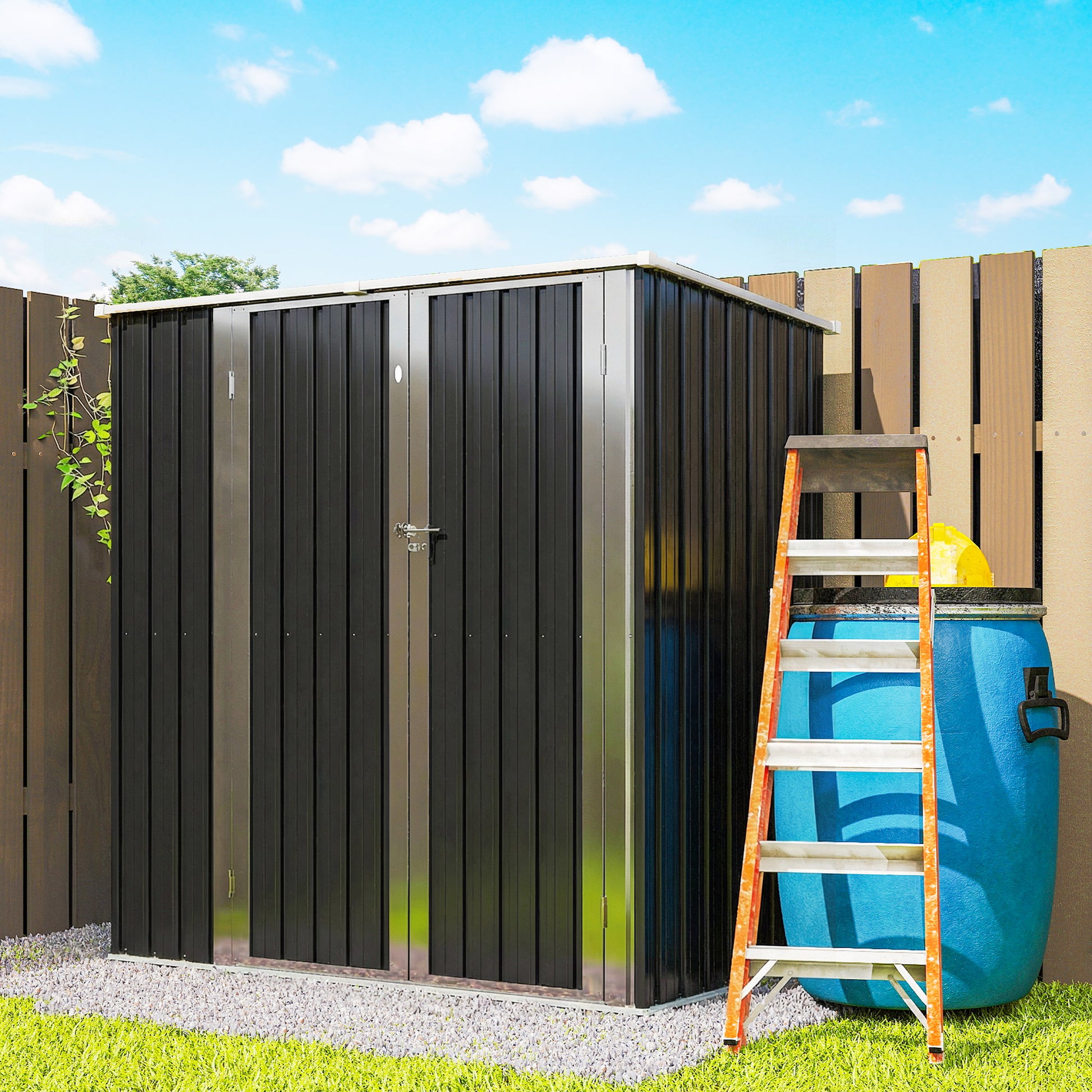 Outsunny Caseta de Jardín Exterior 1,37 m², 163x89x163 cm, Cobertizo de Jardín Exterior Metálico con Techo Inclinado, Puertas con Pestillo y Guantes para Almacenamiento de Herramientas, Gris Oscuro